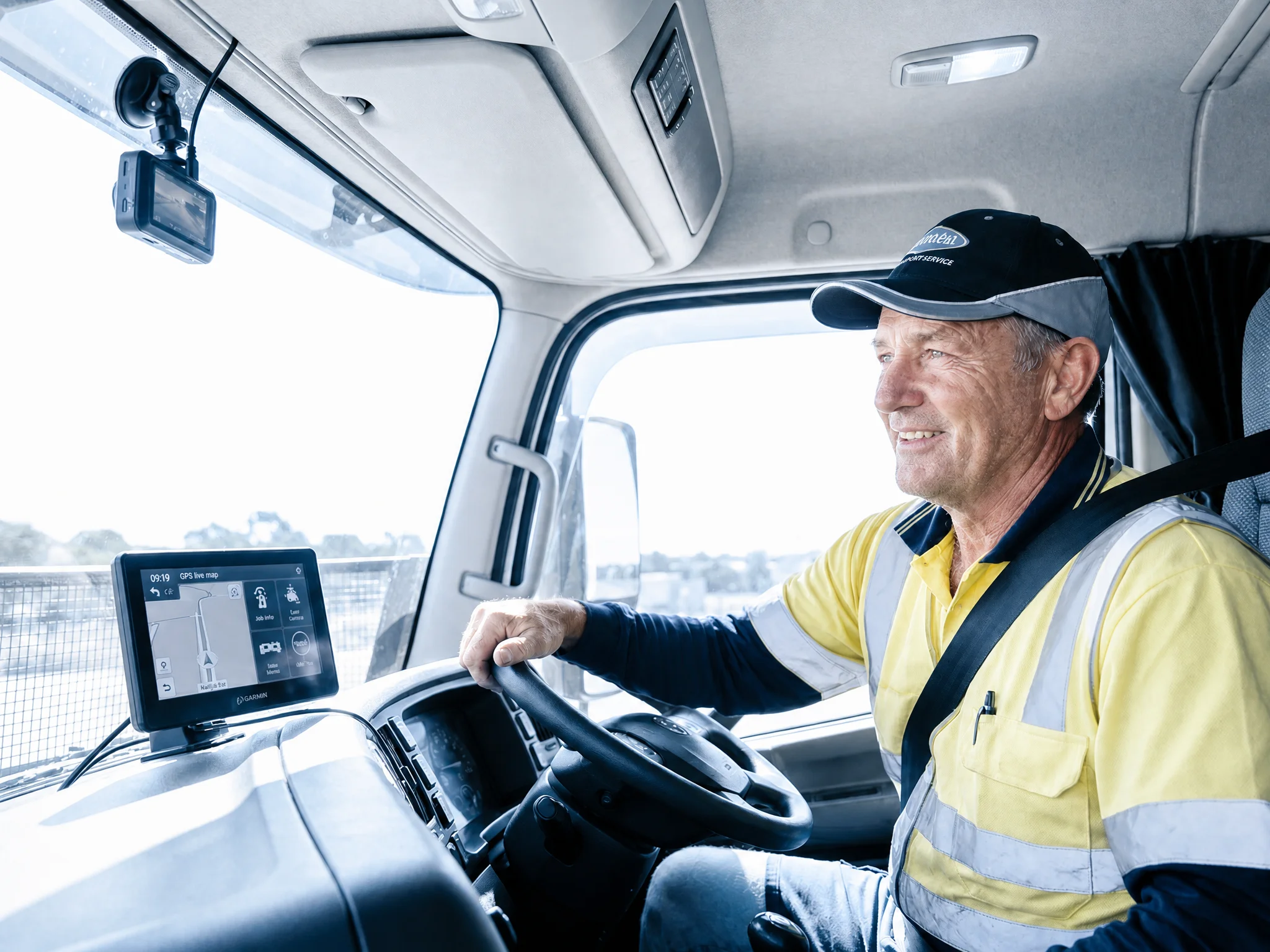 Australian truck driver at the wheel with an in-cab Crystal Vision camera