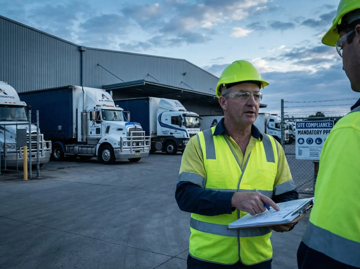 Fleet supervisor reviewing compliance documentation at depot