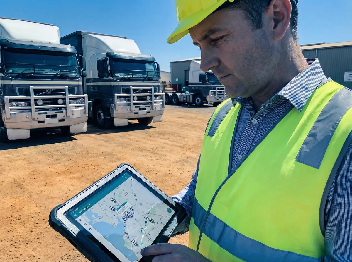 Fleet manager checking vehicle tracking on tablet near delivery trucks