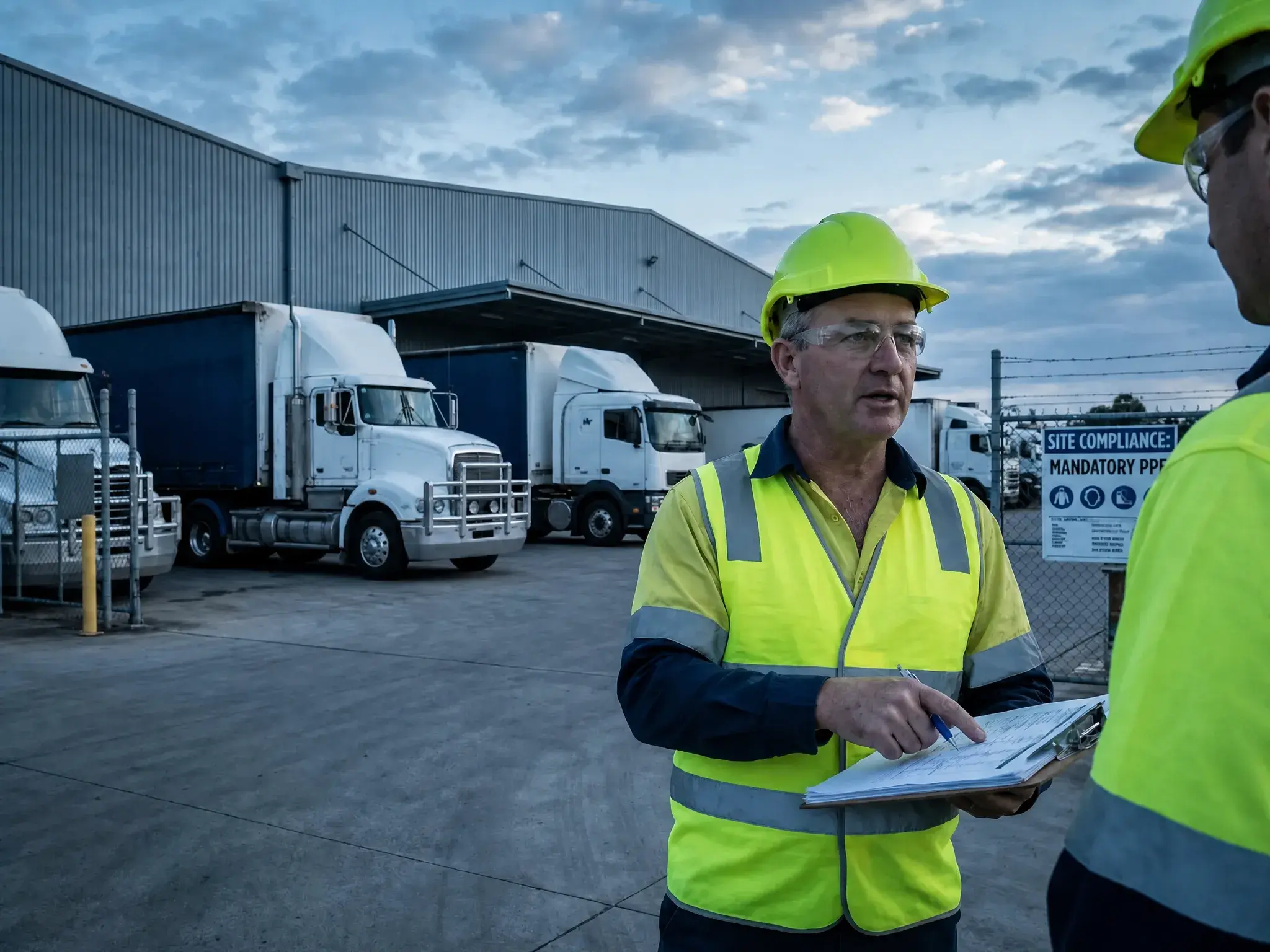 Fleet supervisor reviewing compliance documentation at depot