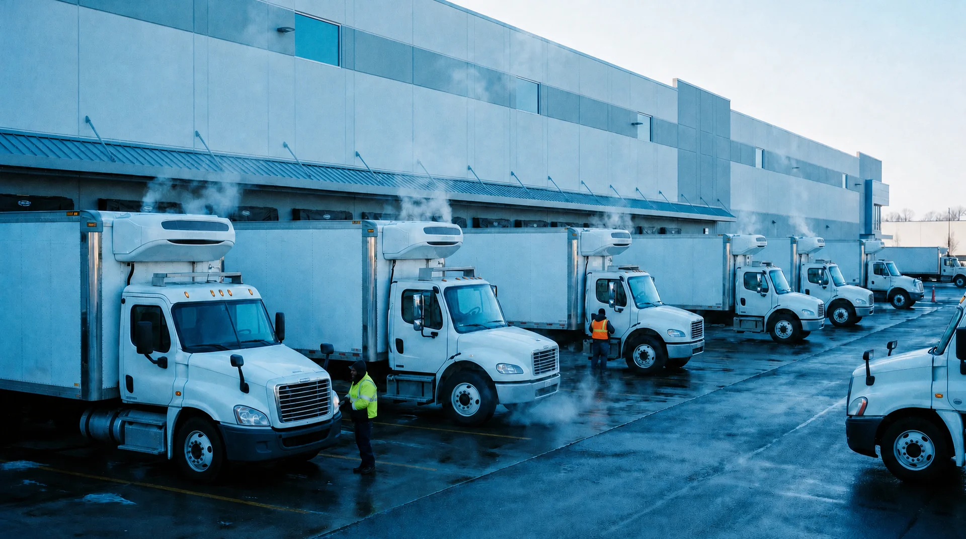 Refrigerated trucks and cold chain logistics vehicles at distribution center