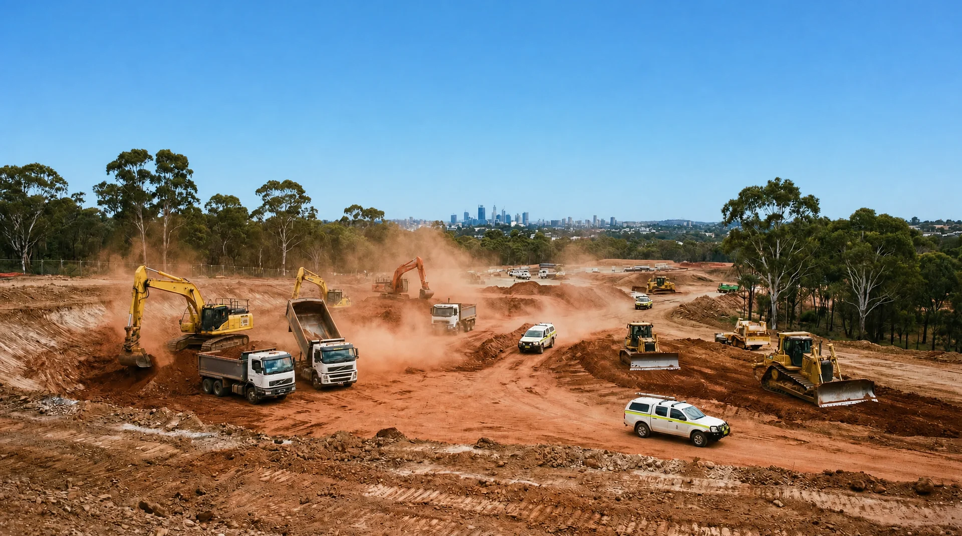 Heavy construction machinery and dump trucks on active Australian building site