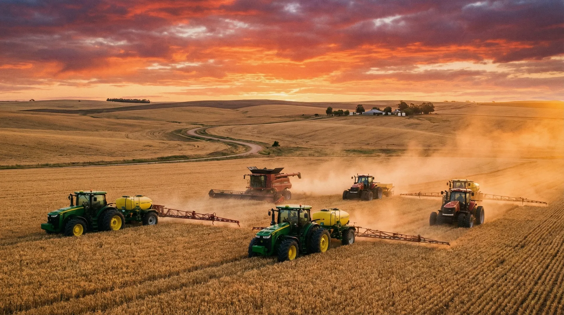 Fleet of agricultural tractors and farm vehicles at sunrise on Australian rural property