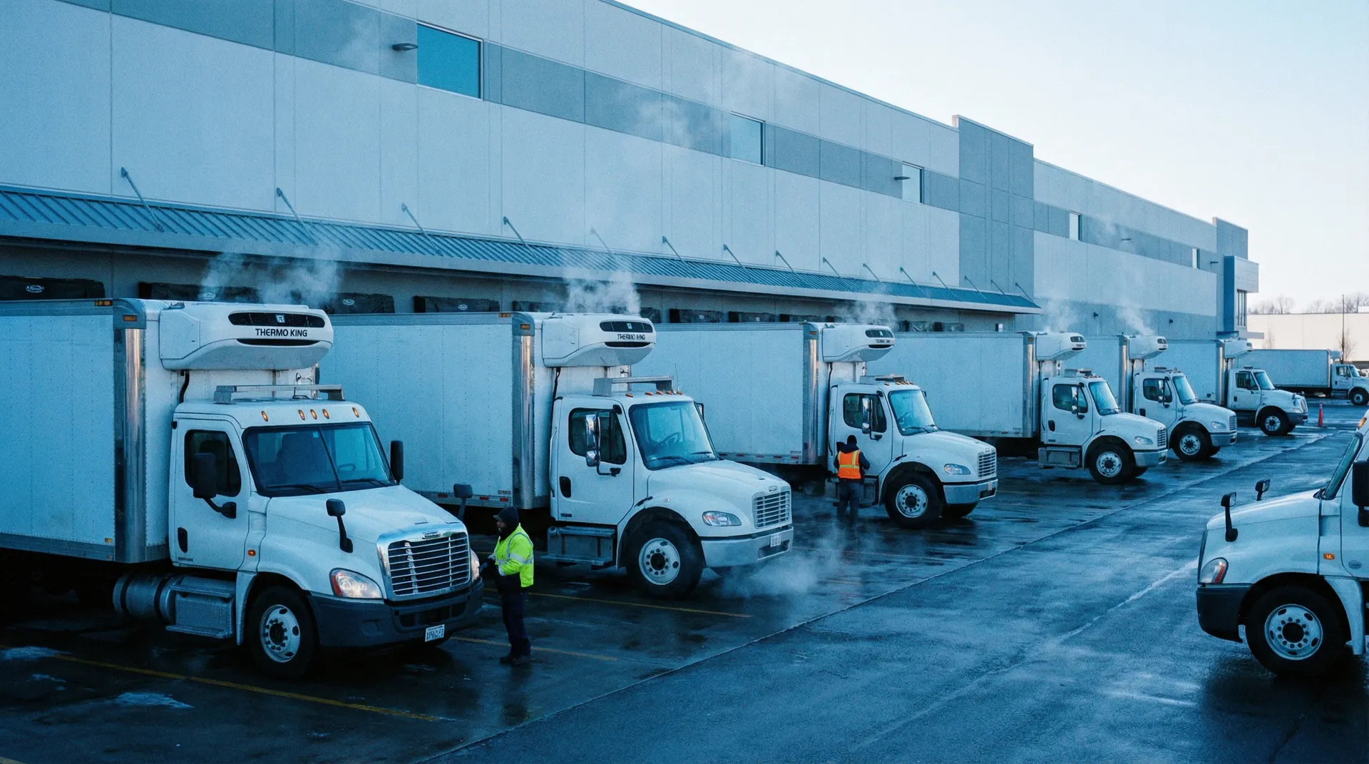 Refrigerated trucks and cold chain logistics vehicles at distribution center