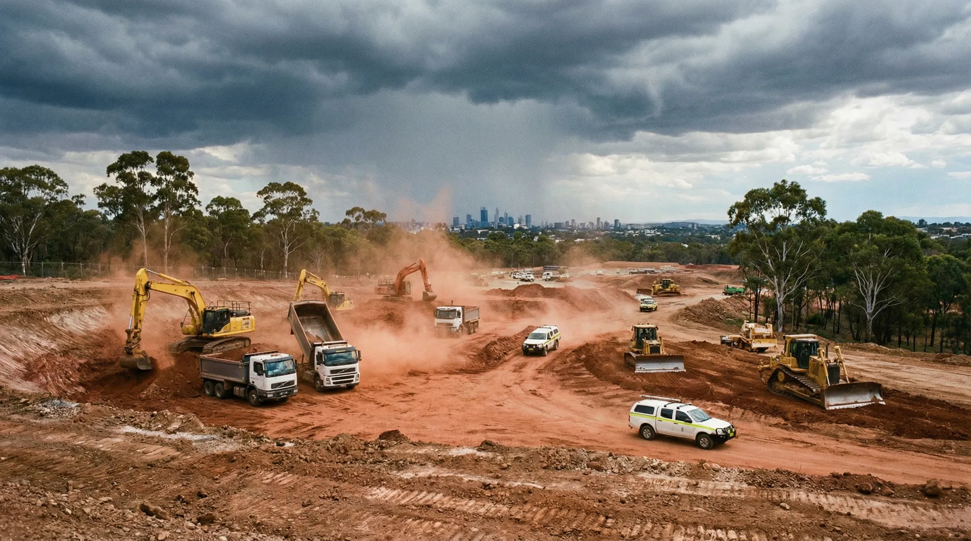 Heavy construction machinery and dump trucks on active Australian building site