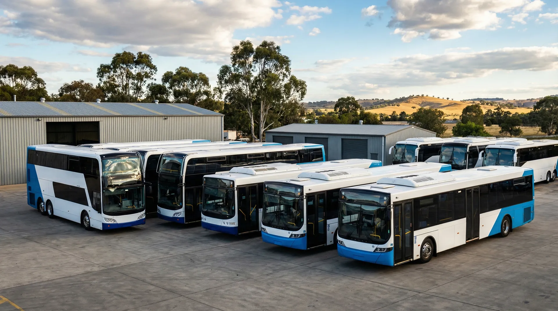 School bus fleet vehicles ready for routes