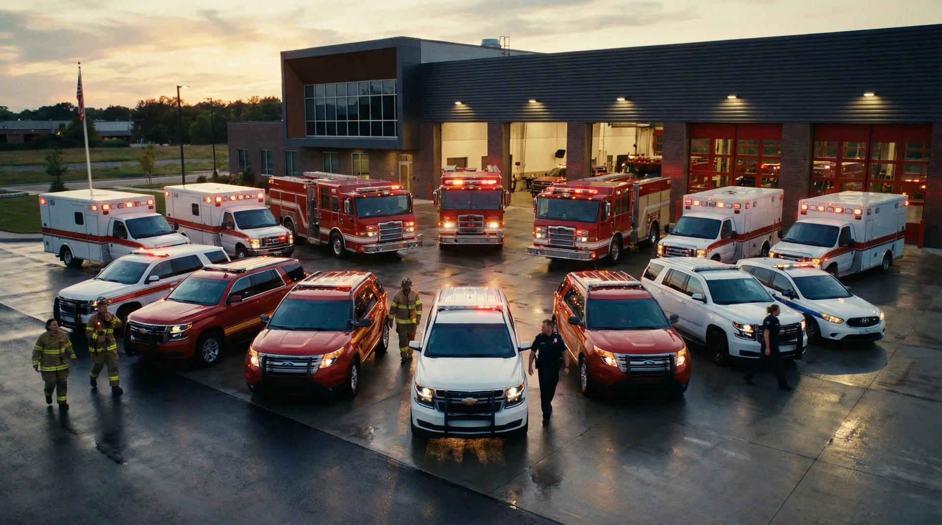 Emergency response vehicles and ambulances at Australian service station