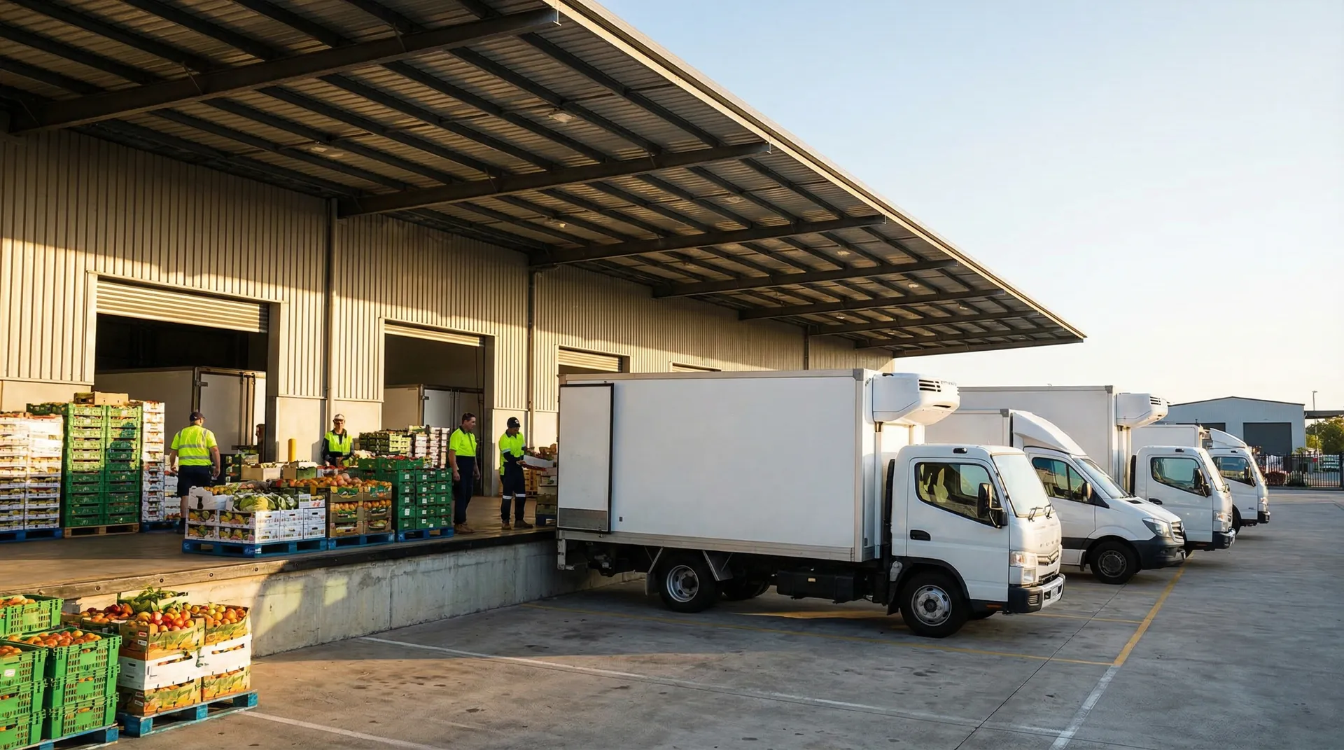 Food delivery trucks and beverage distribution vehicles at Australian warehouse