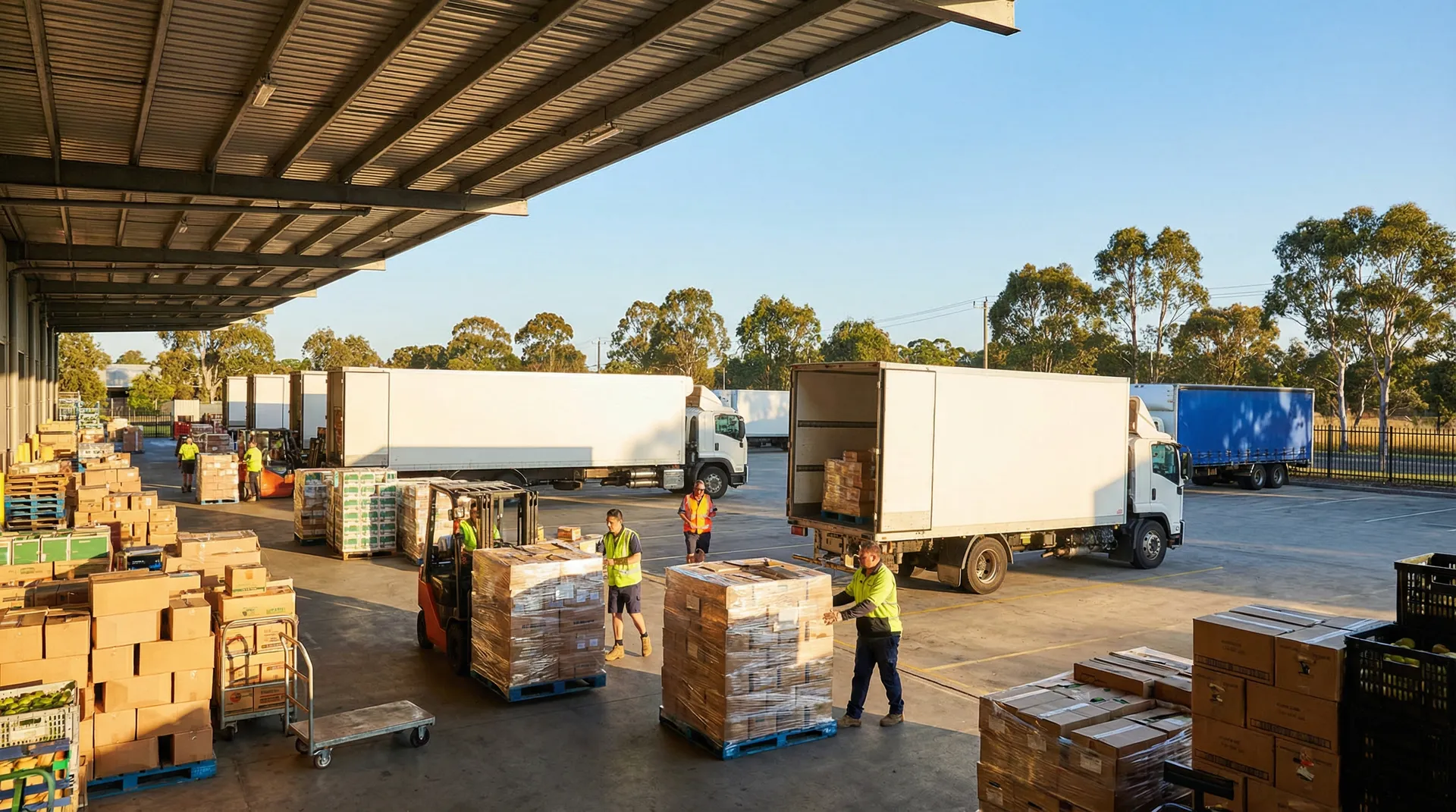 Retail delivery trucks and FMCG distribution vehicles at Australian warehouse
