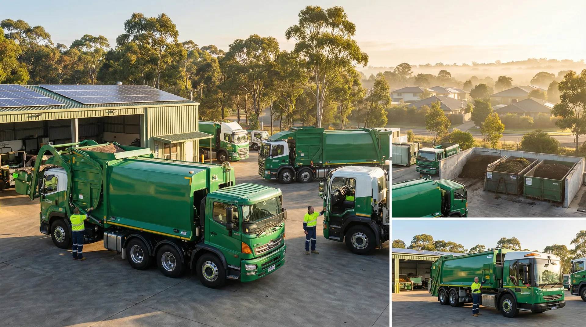 Waste management trucks and collection vehicles at Australian recycling facility