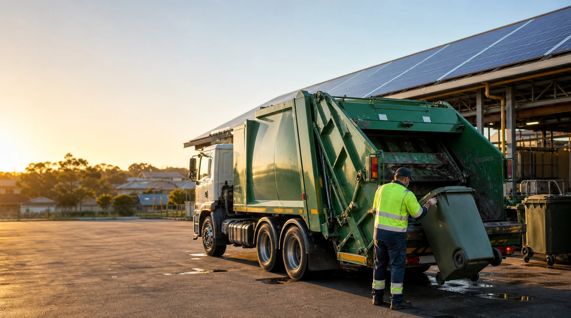 Waste management trucks and collection vehicles at Australian recycling facility