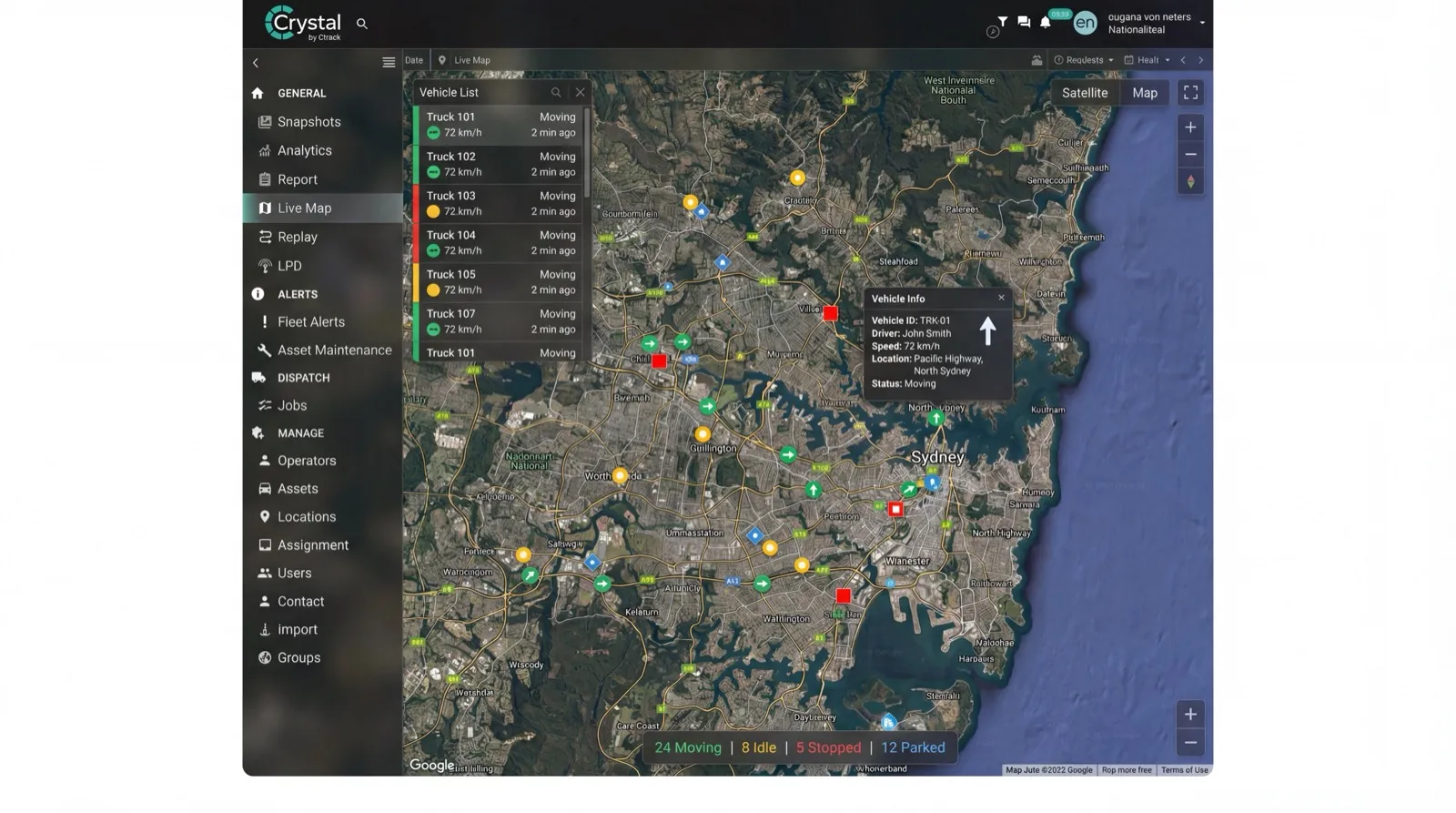 Crystal live map showing fleet locations, routes and geofence events