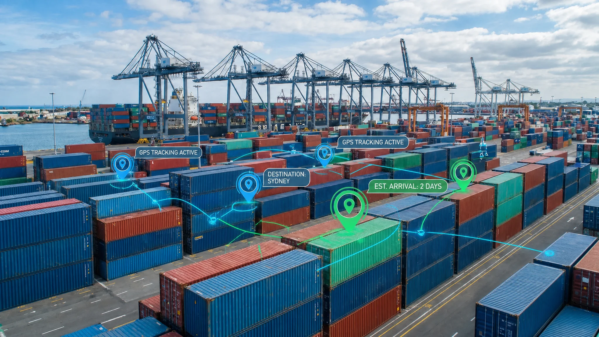 GPS tracking system monitoring container locations and movements across supply chain routes
