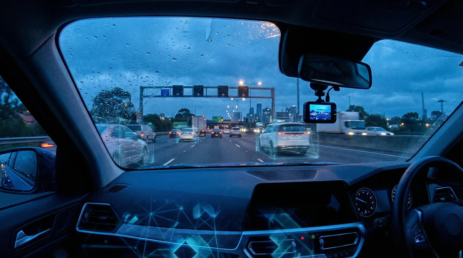 AI-powered dash cam with real-time driver monitoring detecting fatigue, distraction, and unsafe driving events in a fleet vehicle