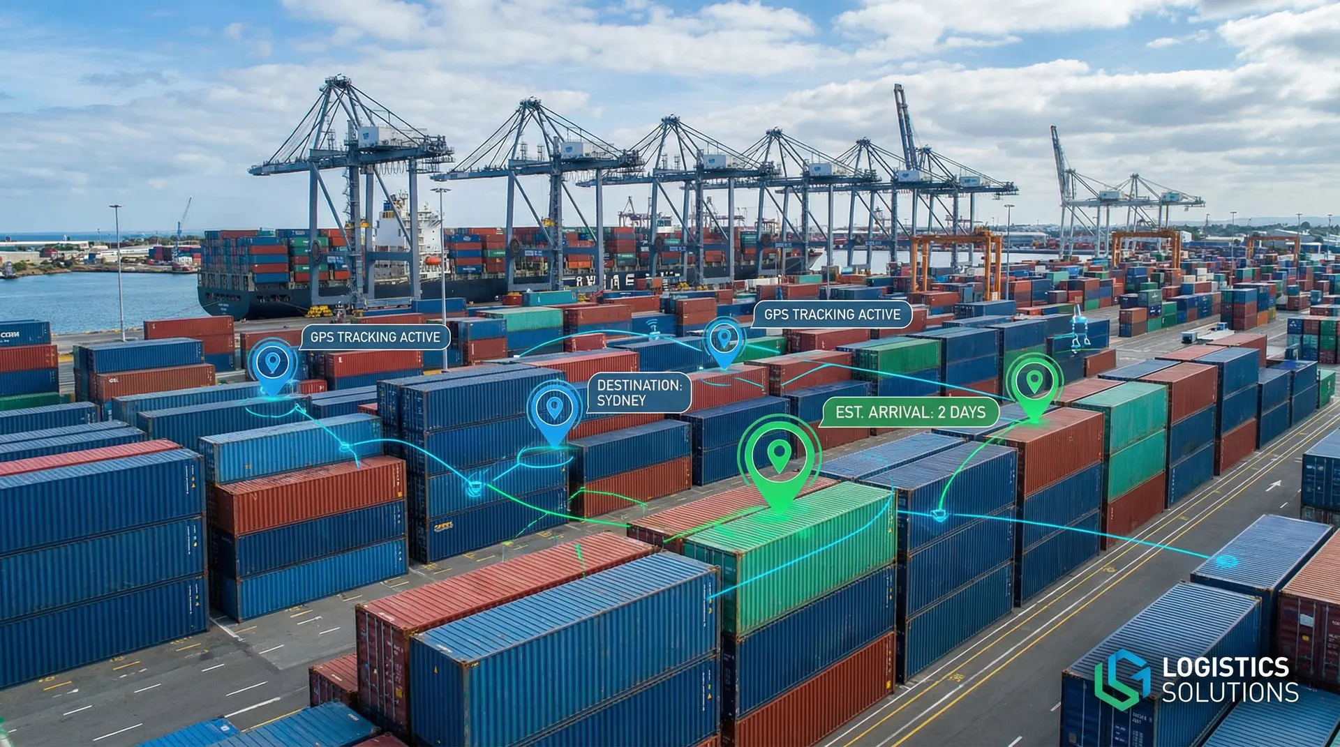 GPS tracking system monitoring container locations and movements across supply chain routes