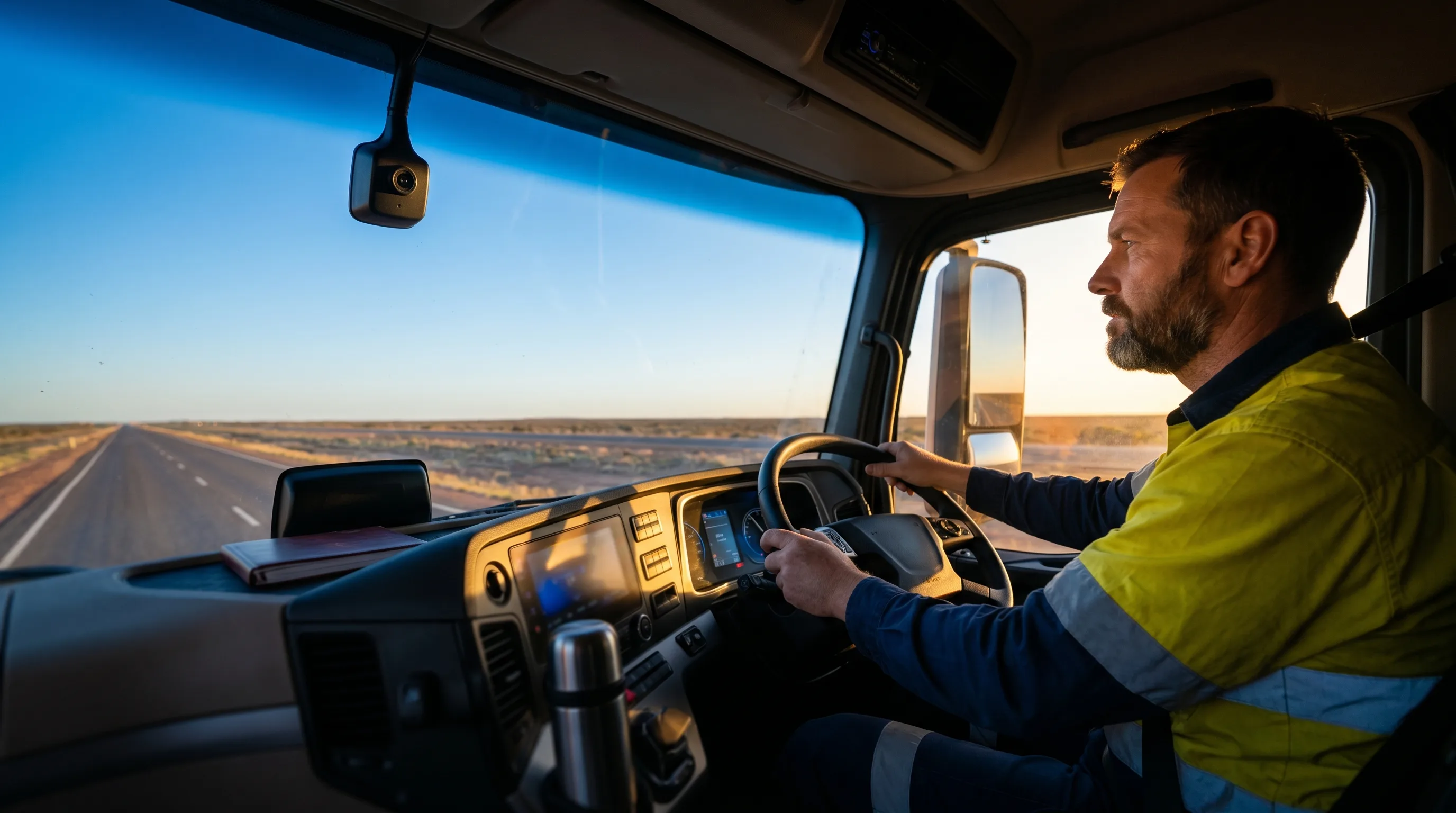 Professional Australian truck driver at the wheel with a discreet driver-facing safety camera monitoring fatigue and distraction in real time