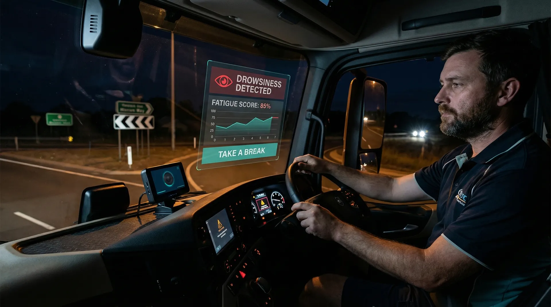 AI-powered fatigue detection camera system identifying drowsy driving behaviour in real time