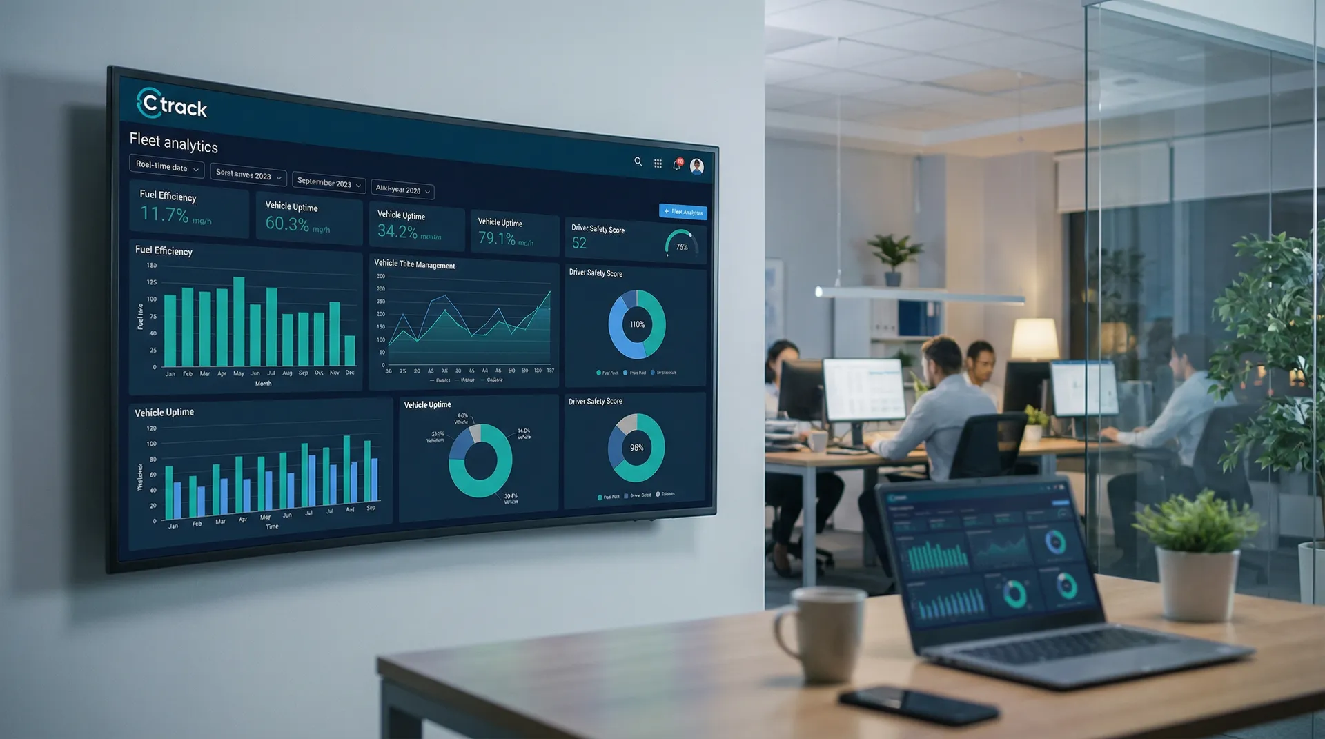 Fleet analytics platform with data visualisation charts showing vehicle performance, costs, and operational insights
