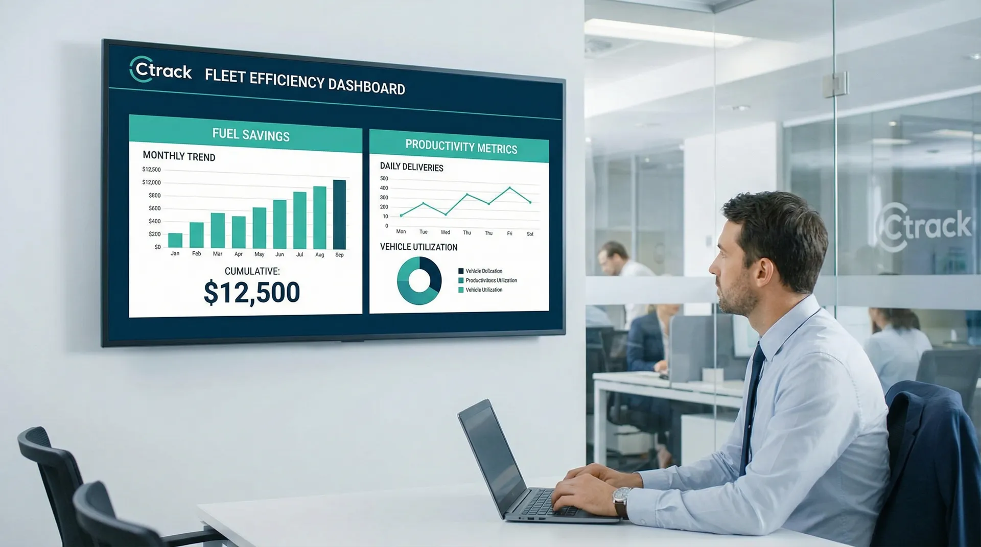 Fleet efficiency optimisation dashboard showing fuel savings, route planning, and vehicle utilisation metrics