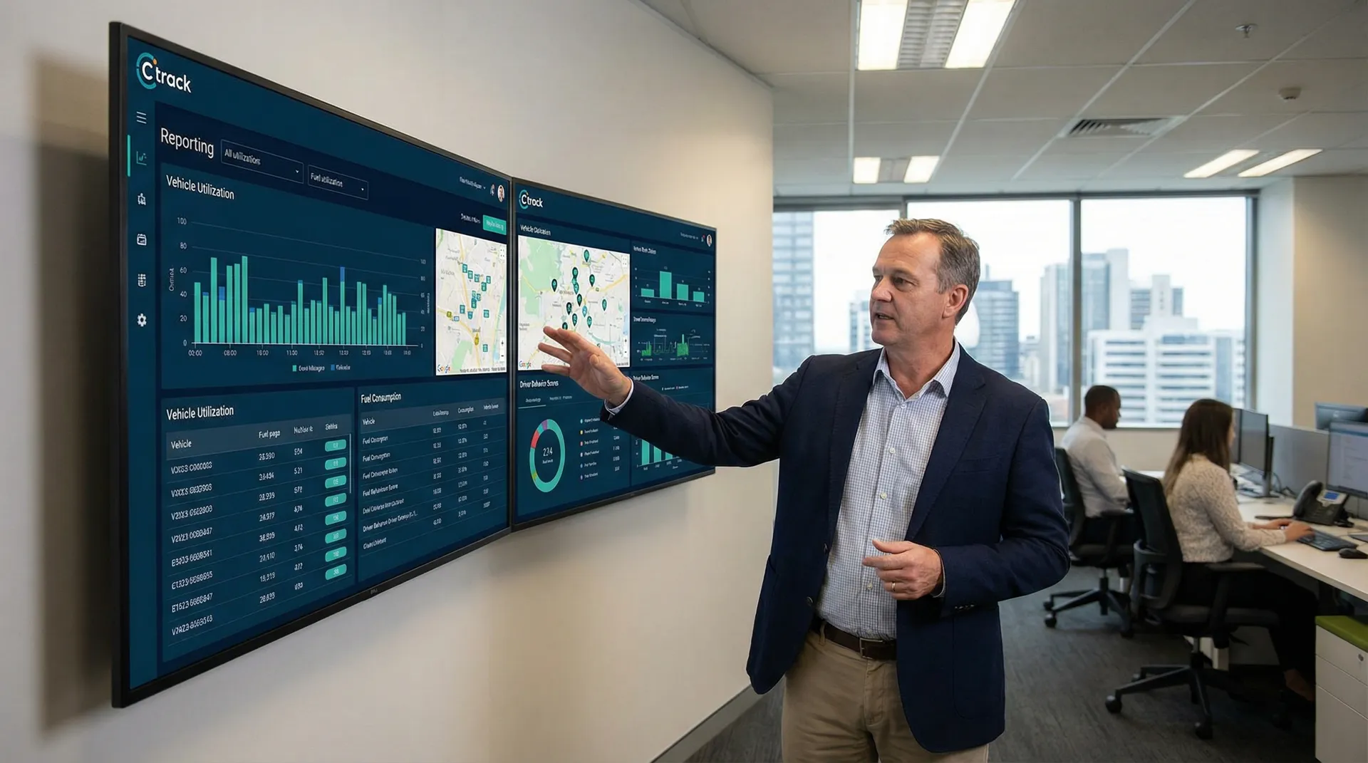 Fleet reporting dashboard displaying vehicle utilisation, driver performance, and compliance analytics