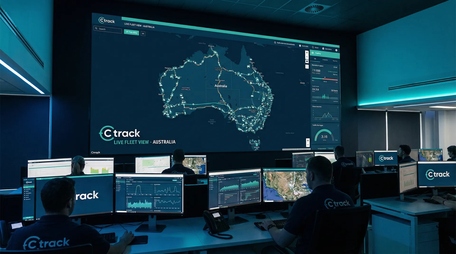Fleet visibility platform showing real-time location and status of all fleet vehicles on interactive map