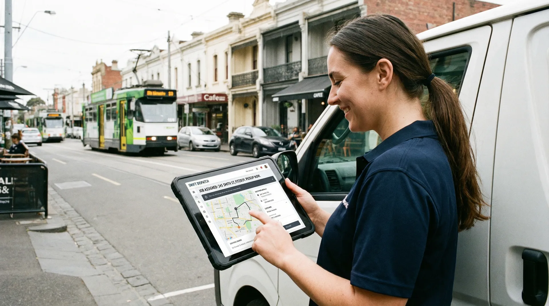 Job dispatch software assigning tasks to drivers with real-time scheduling, ETA updates, and proof of delivery