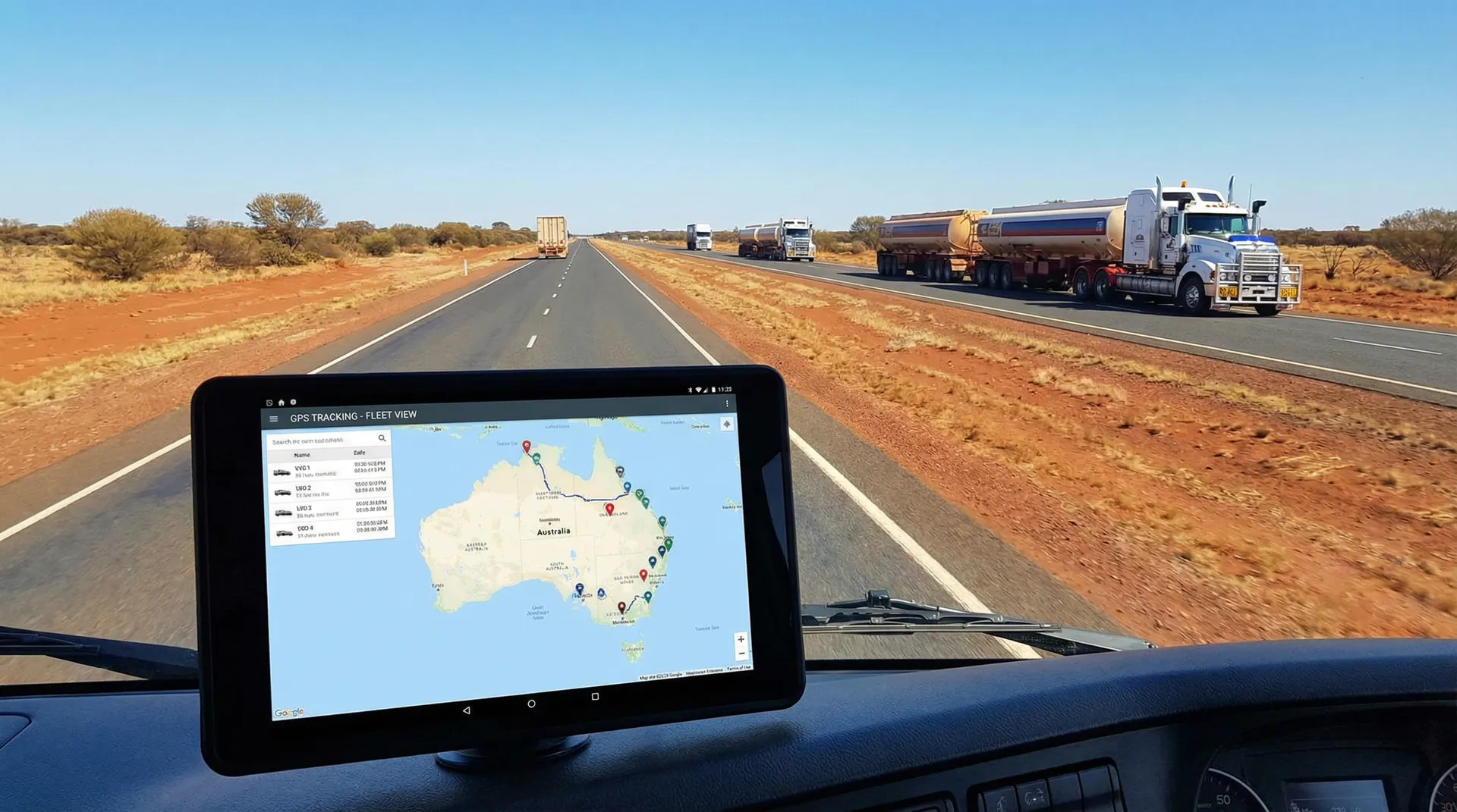 GPS vehicle tracking software showing real-time positions of commercial fleet vehicles across Australia