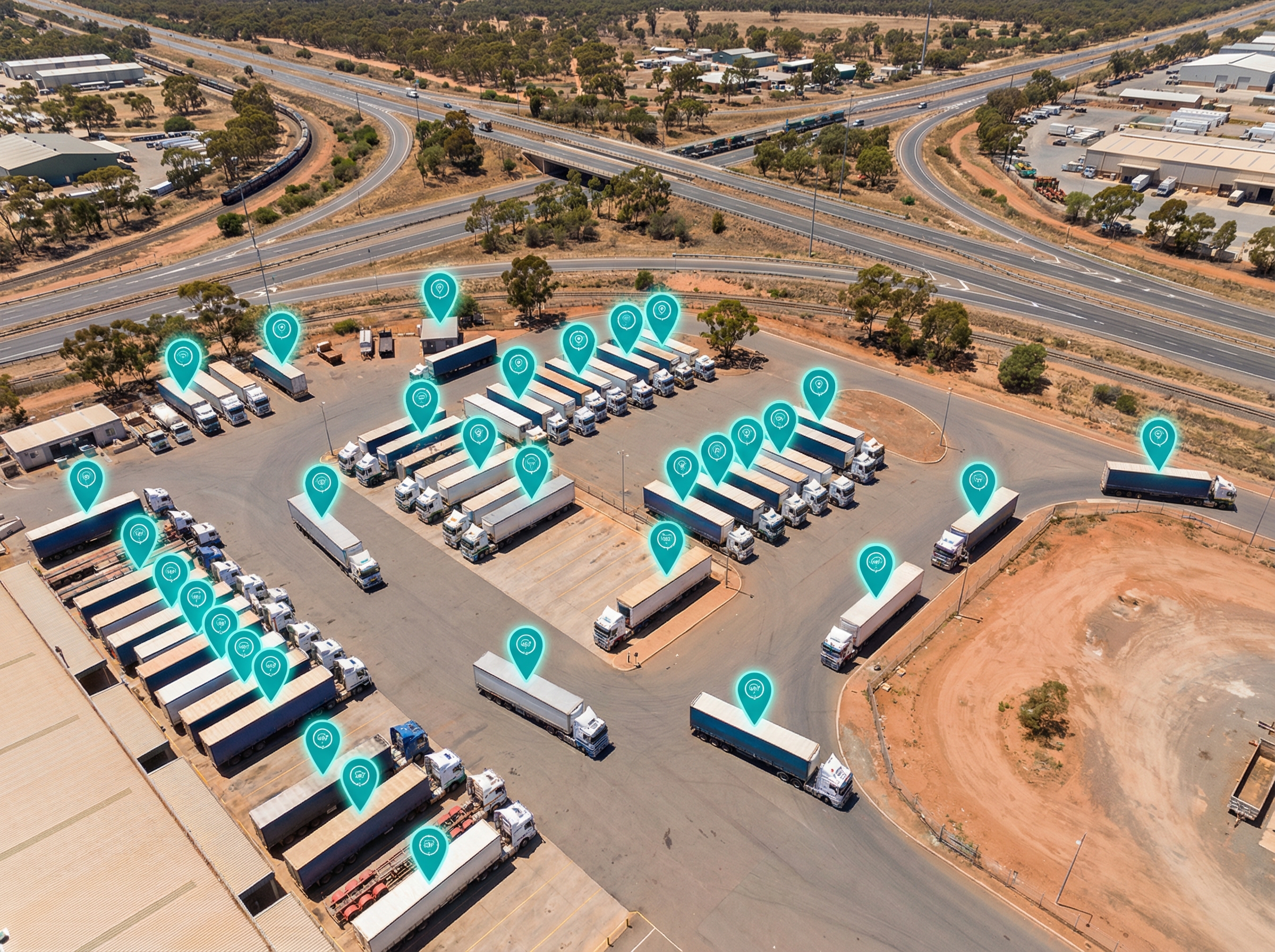 Aerial view of Australian freight yard with GPS-tracked trucks at loading docks