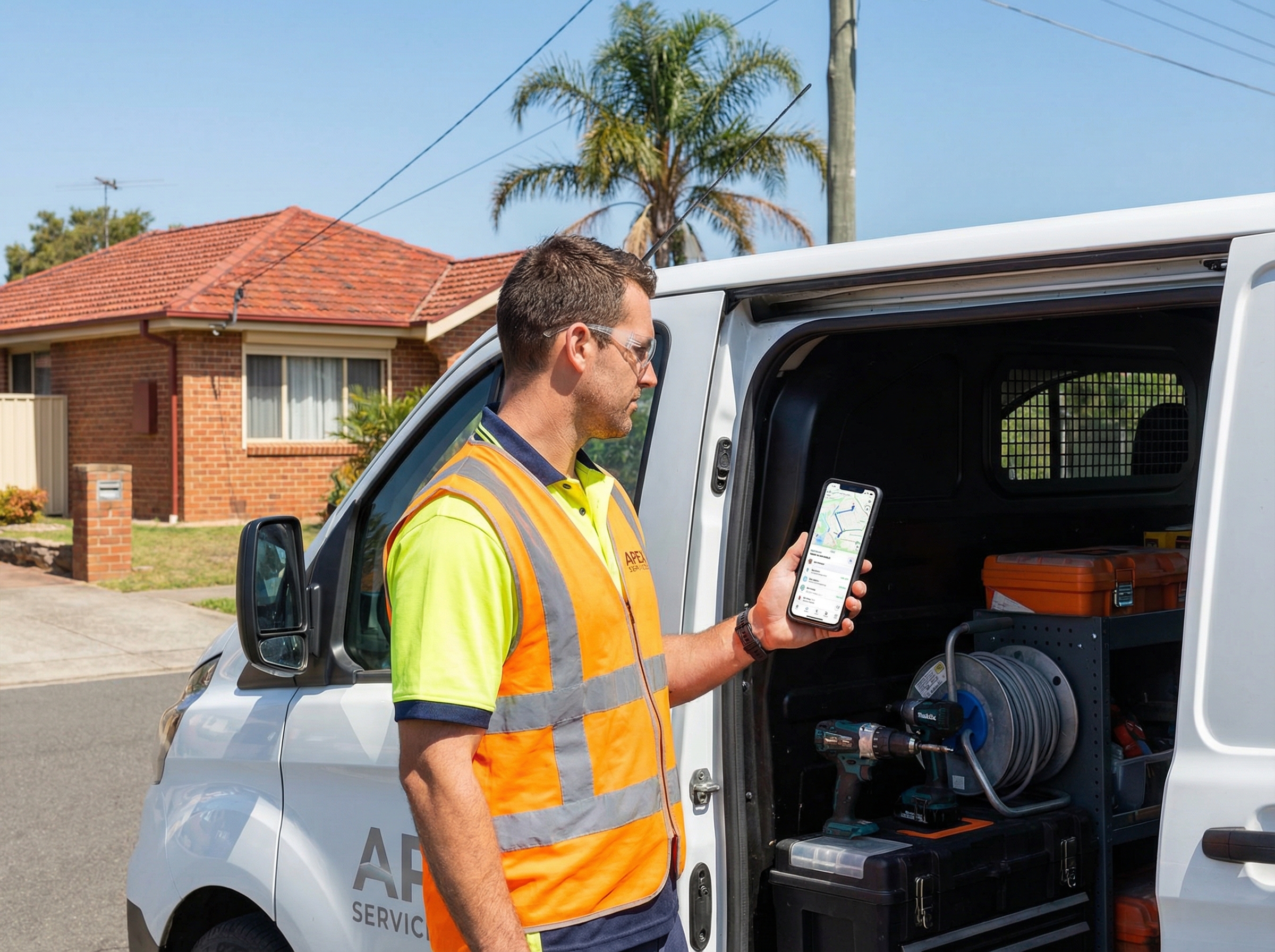 Trades worker in high-vis checking job schedule on smartphone next to fleet van