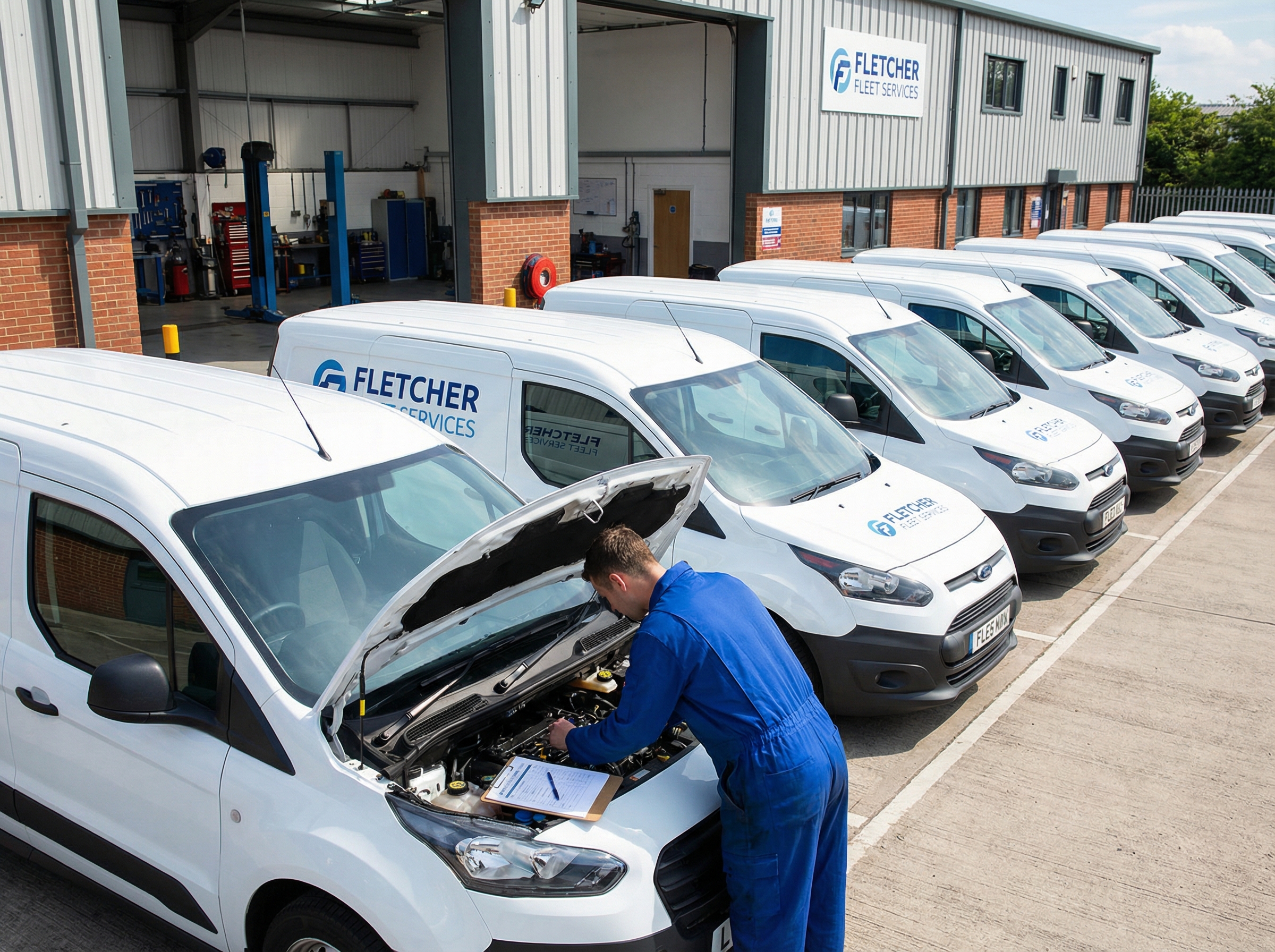 Fleet van maintenance inspection at company depot with mechanic checking engine
