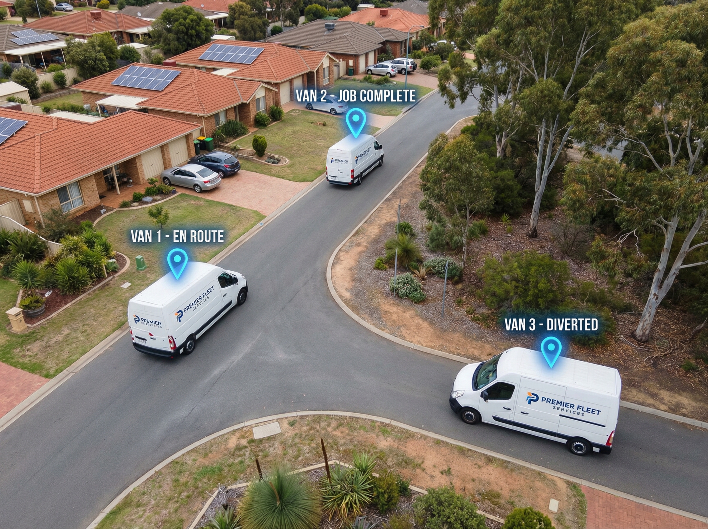 Overhead view of white service vans on suburban Australian streets with GPS location pins
