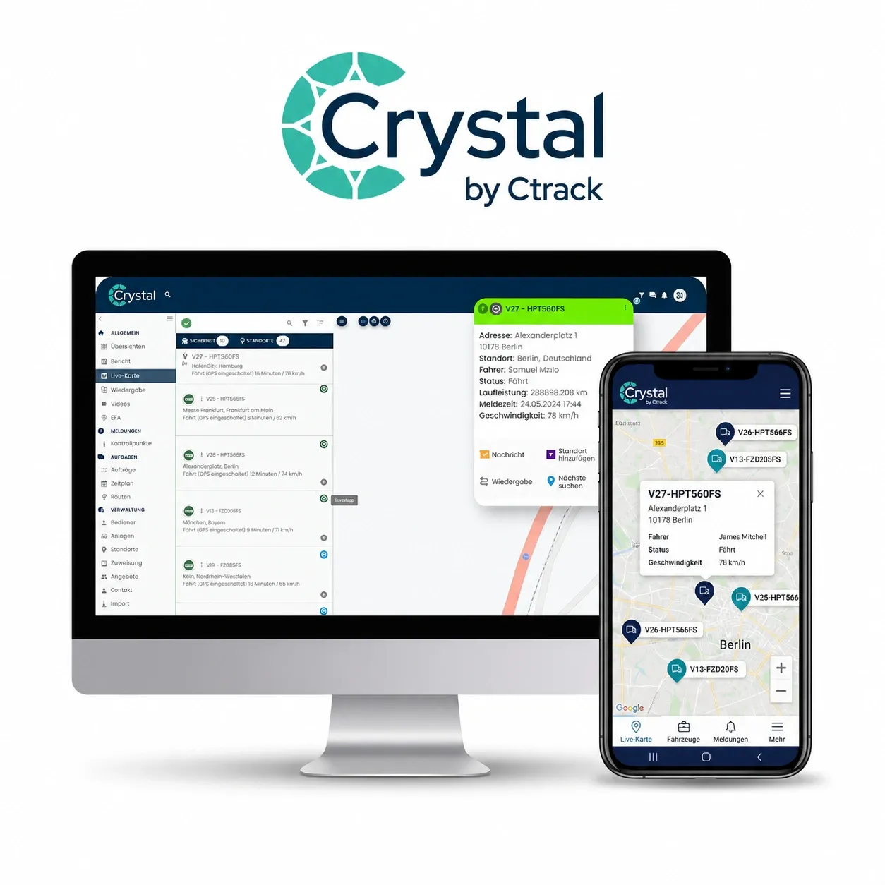 Crystal-Plattform auf Desktop und Mobilgerät mit deutscher Live-Karte und Fahrzeugstatus
