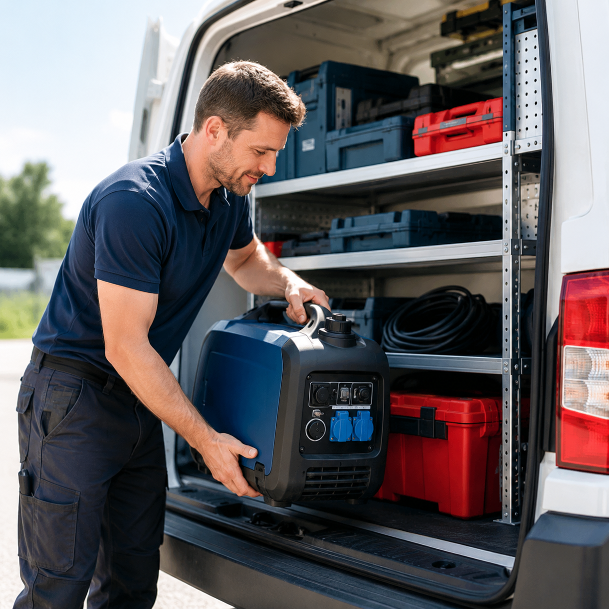 Servicetechniker mit Tablet vor einem deutschen Servicefahrzeug