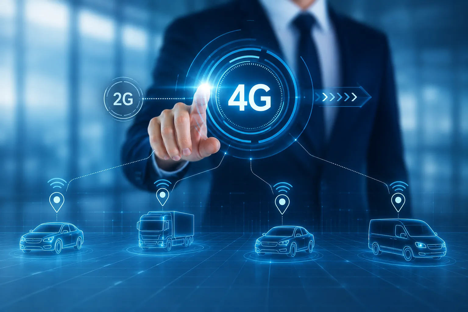 Servicetechniker bereitet einen 4G-Telematik-Tracker für den Festeinbau in einem deutschen Lkw vor, Werkstattmilieu zur blauen Stunde