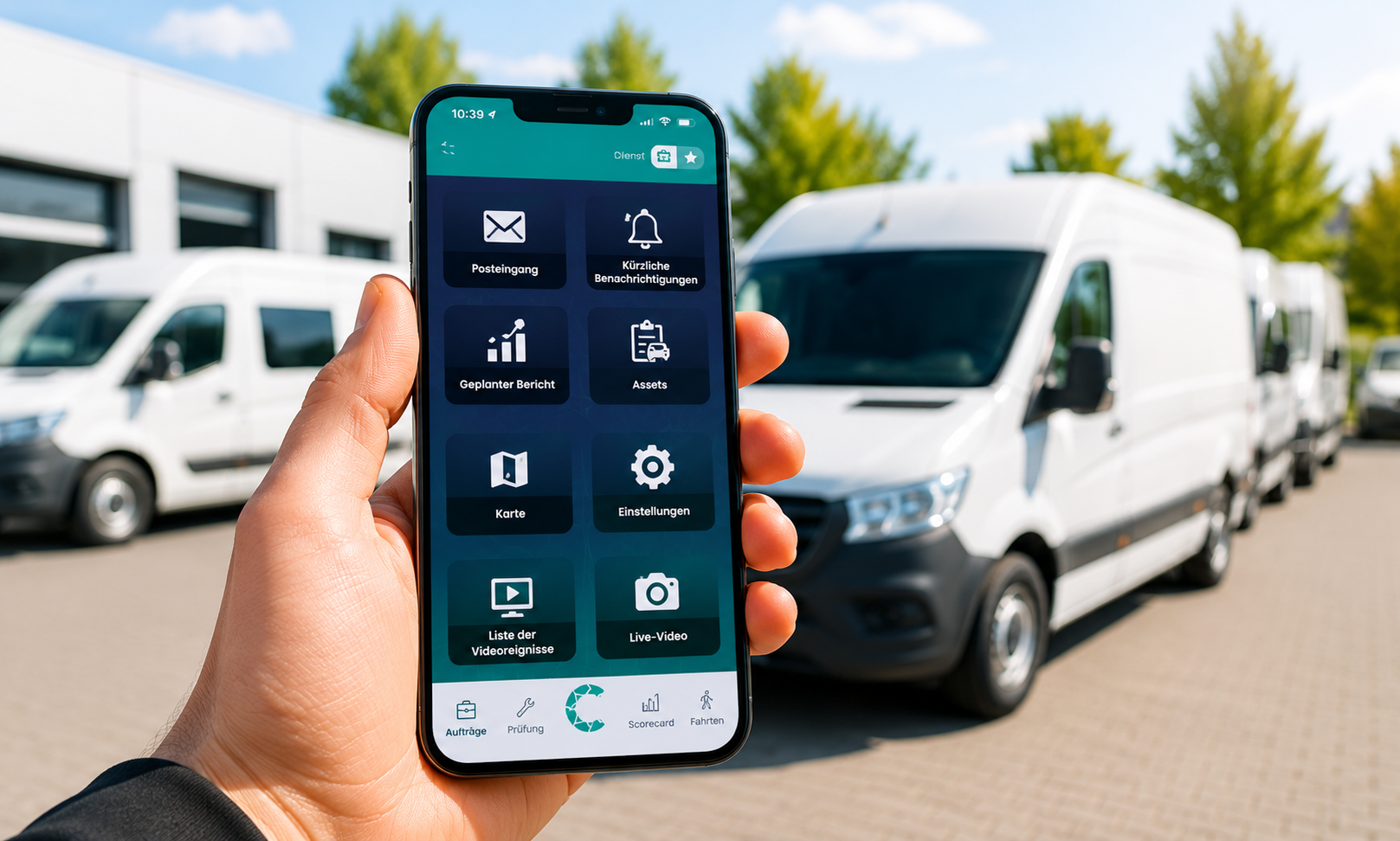 Servicetechniker mit Tablet vor einem deutschen Servicefahrzeug