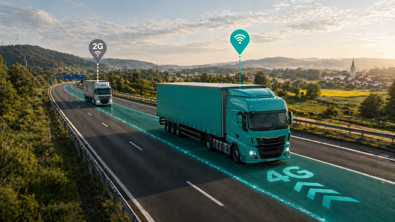 Lkw-Konvoi auf einer deutschen Autobahn zur blauen Stunde, Container-Auflieger im Vordergrund