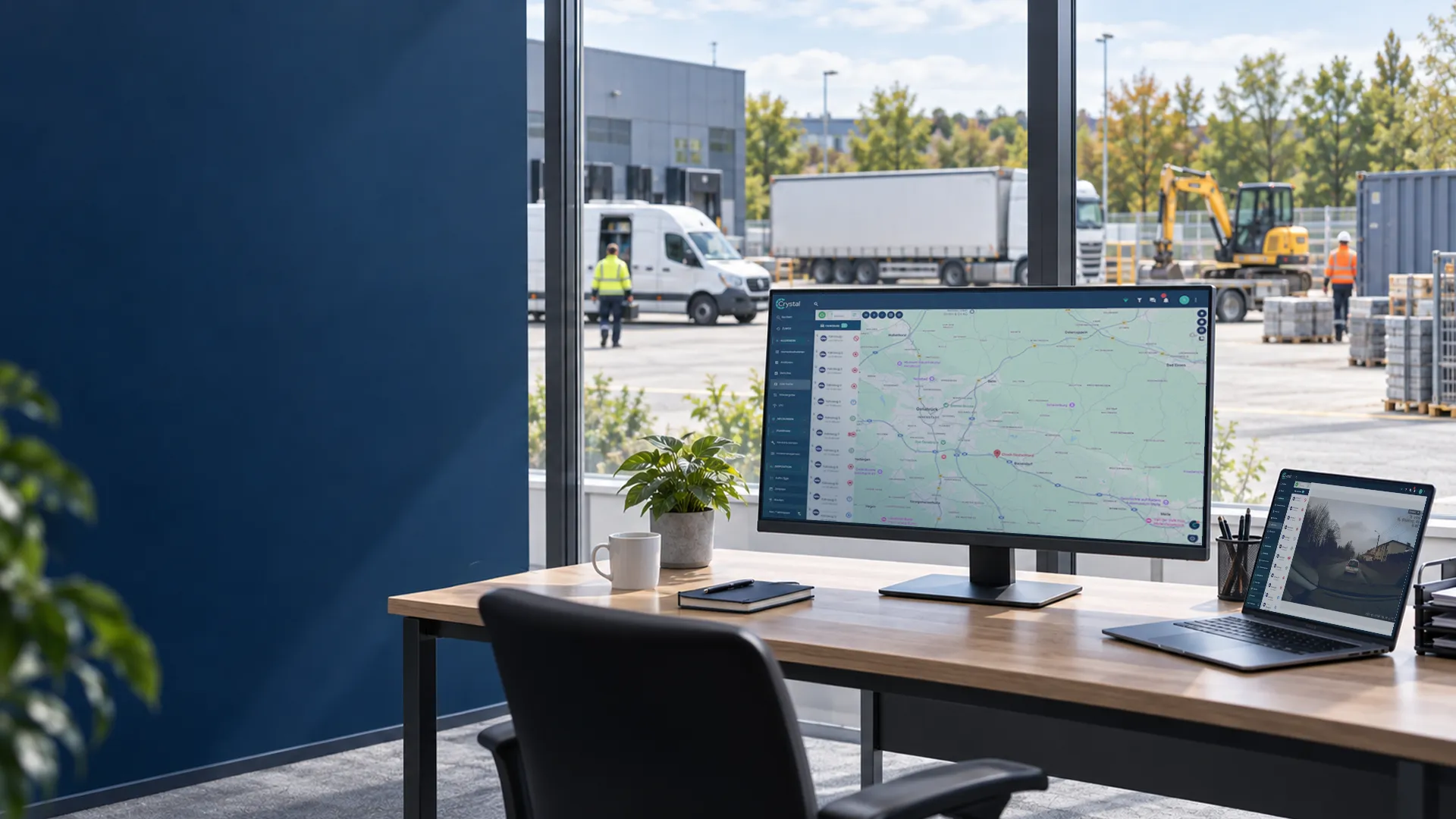 Disponent prüft Fahrzeugpositionen auf der Crystal-Plattform an einem Bildschirm im Leitstand eines deutschen Logistikbetriebs