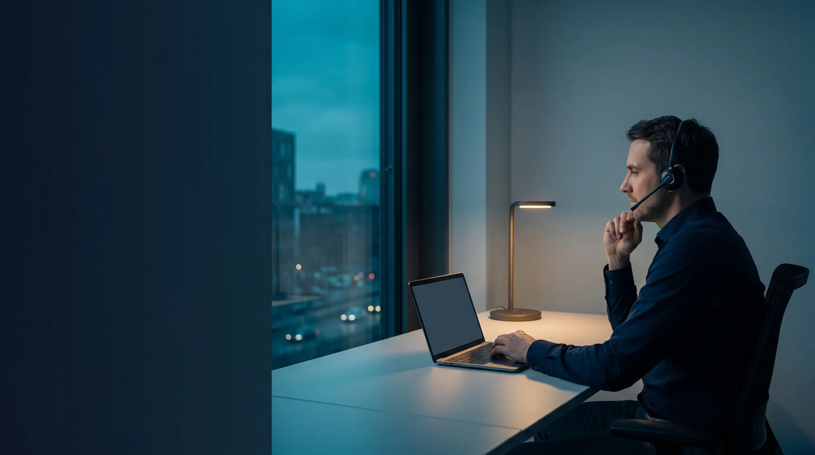 Deutscher Ctrack-Service-Mitarbeiter im Telefonat mit einem Disponenten in einem Logistikbüro in der blauen Stunde