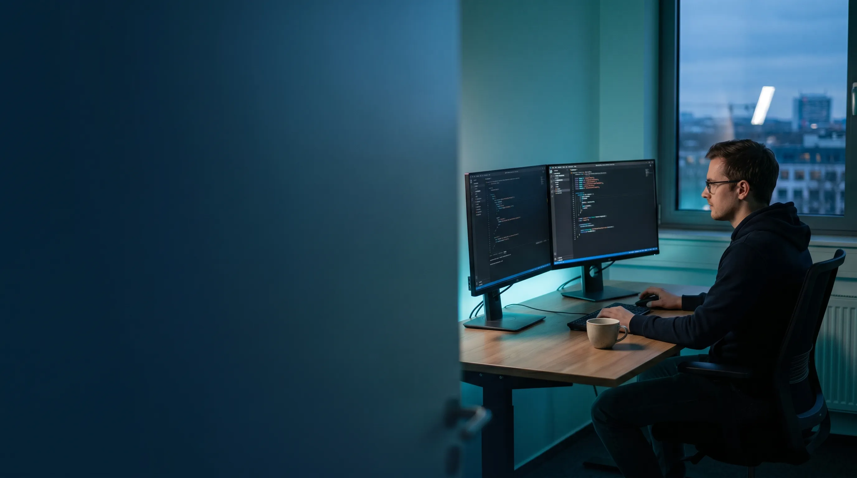 Sattelzug mit beladenem Auflieger auf einer deutschen Autobahn in der blauen Stunde, Subjekt rechts, freie Fläche links für die Headline