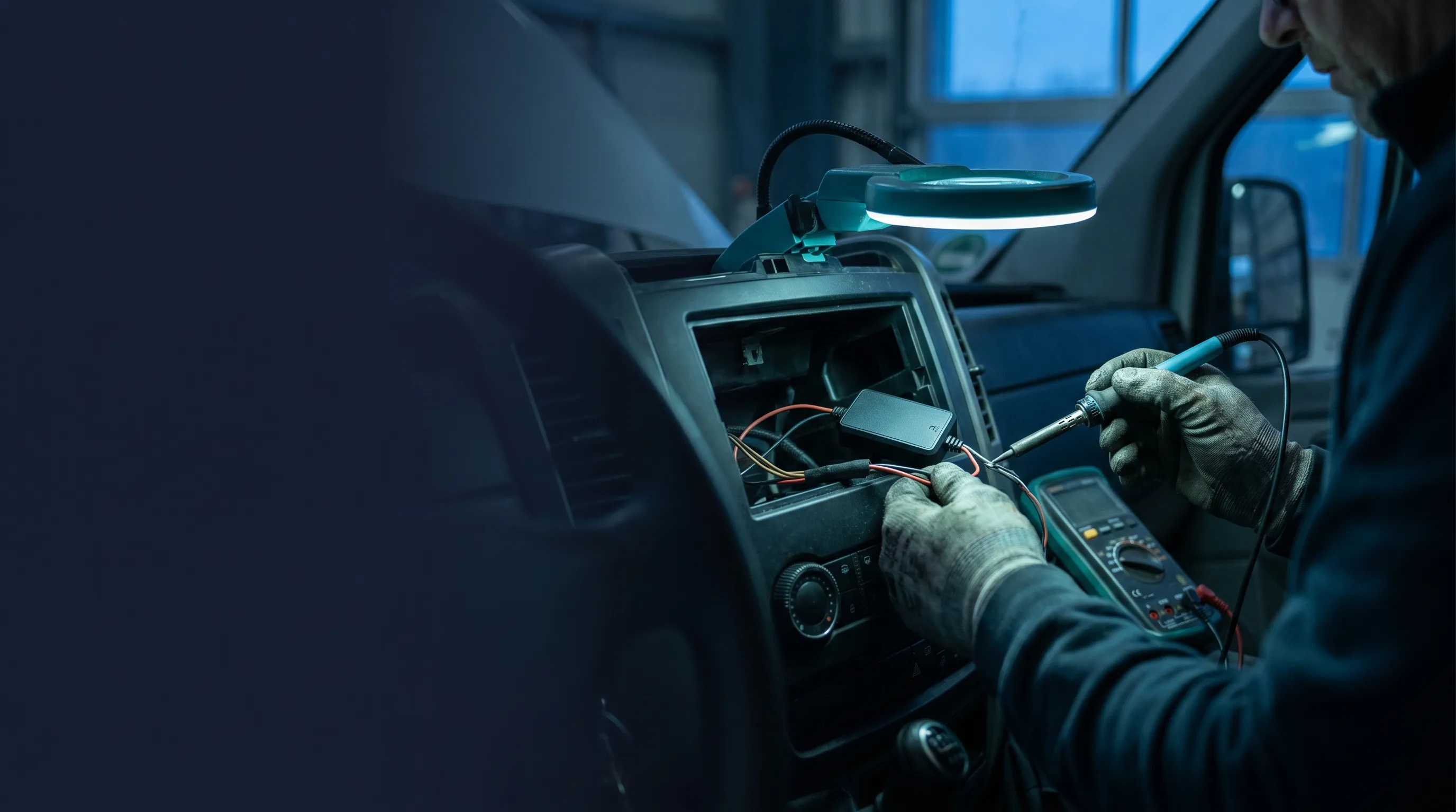 Disponentin und Werkstatt-Techniker prüfen einen frisch verbauten GPS-Tracker an einem Sattelzug auf einem deutschen Speditionshof in der blauen Stunde