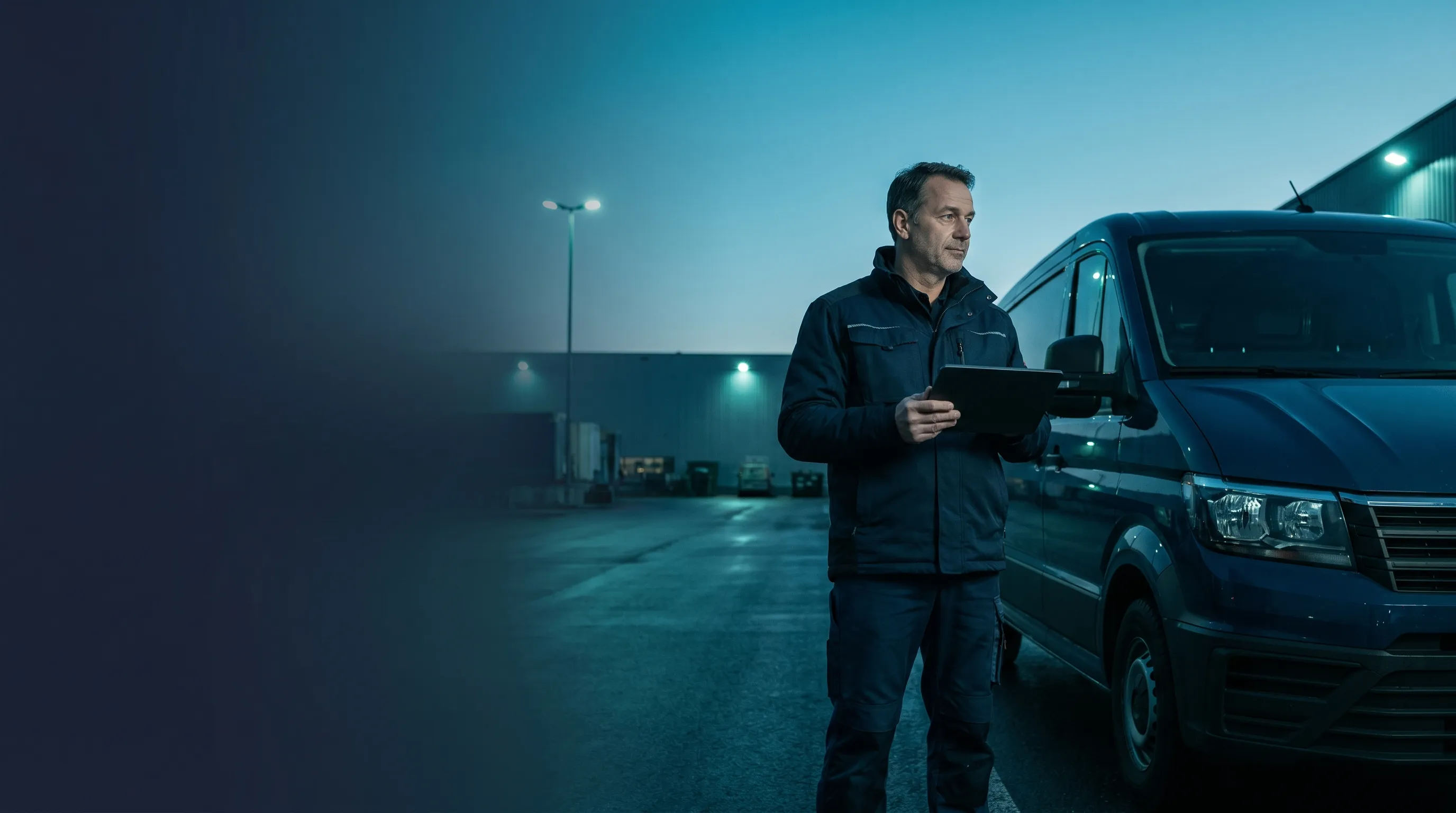 Disponentin am Schreibtisch in einem deutschen Logistikdepot, Lkw mit Anhänger im Hintergrund auf dem Hof