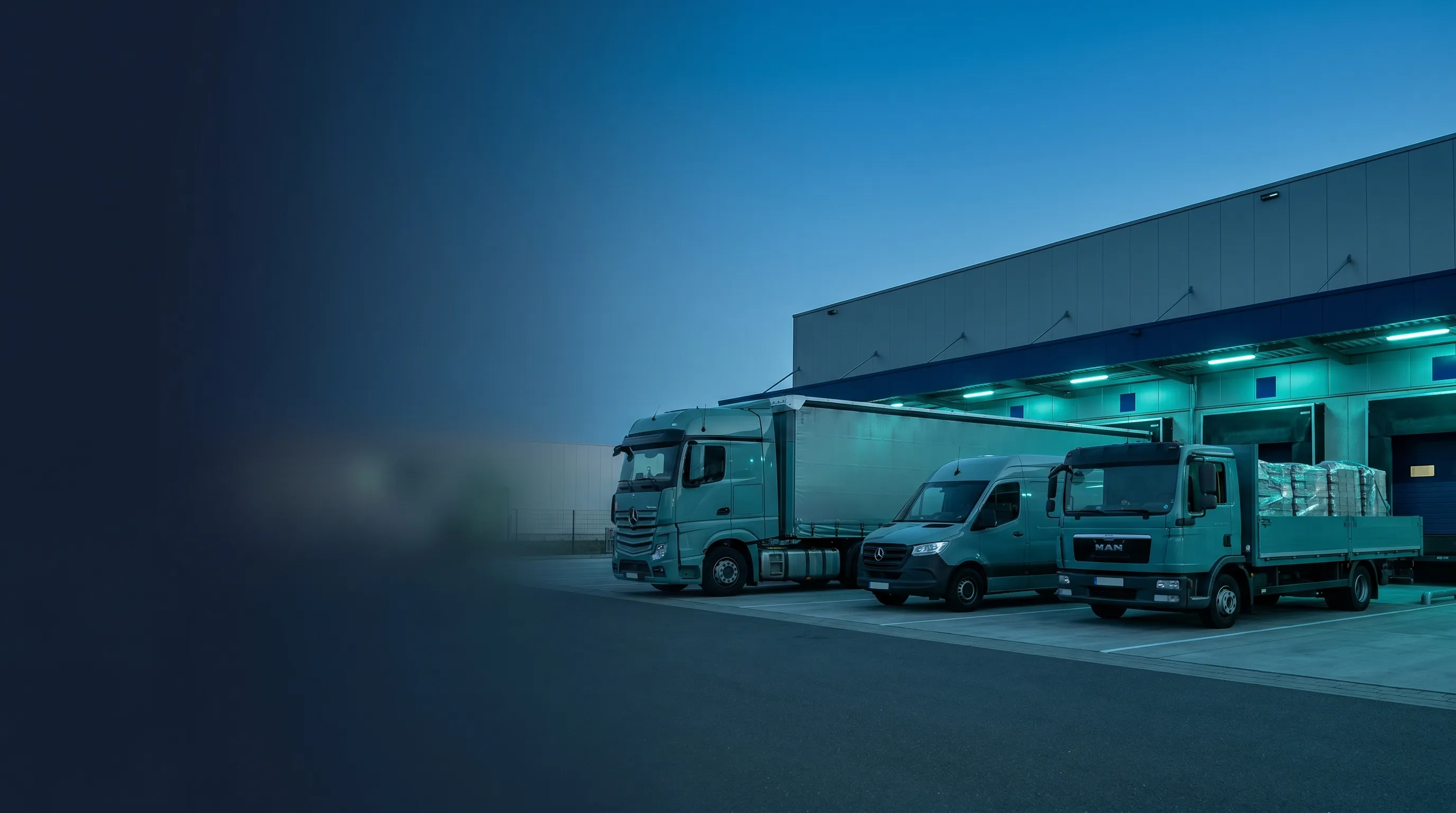 Deutscher Sattelzug mit beladenem Auflieger auf der Bundesautobahn in der Abenddämmerung, im Hintergrund ein Logistikzentrum