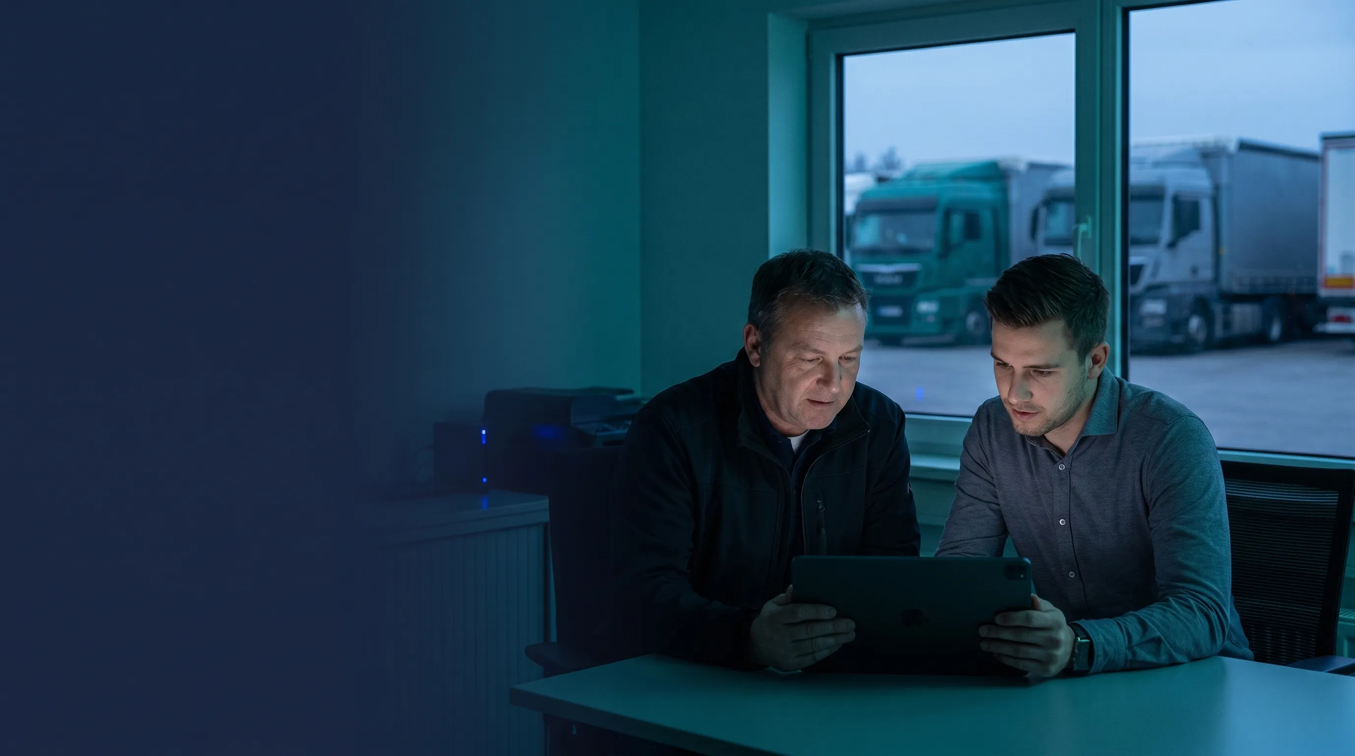 Lkw mit Auflieger auf einer deutschen Autobahn in der Abenddämmerung — Kontextbild für eine Demo der Crystal-Plattform