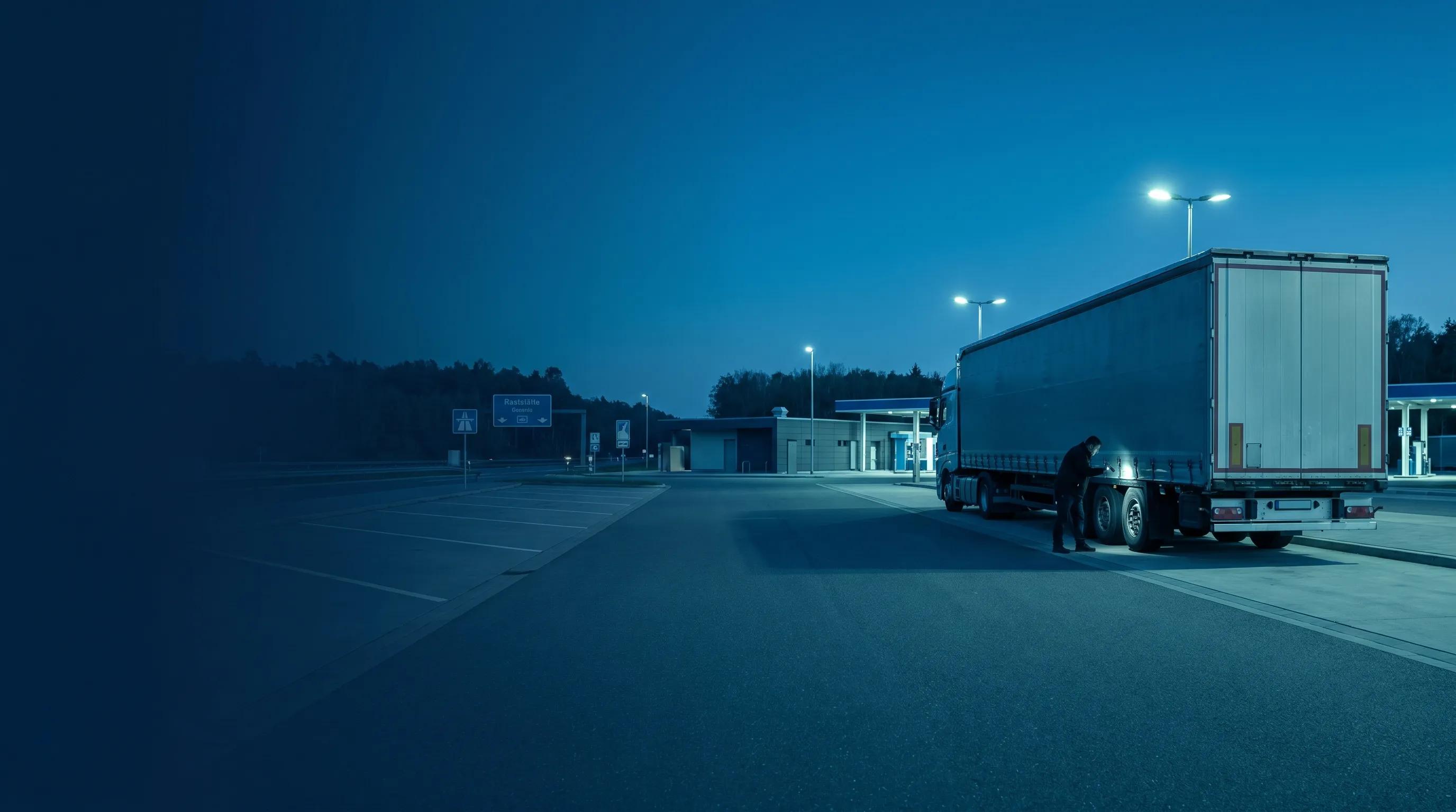 Deutscher Sattelzug mit Auflieger und Ladung auf der Autobahn in der Abenddämmerung, dahinter ein Logistikzentrum