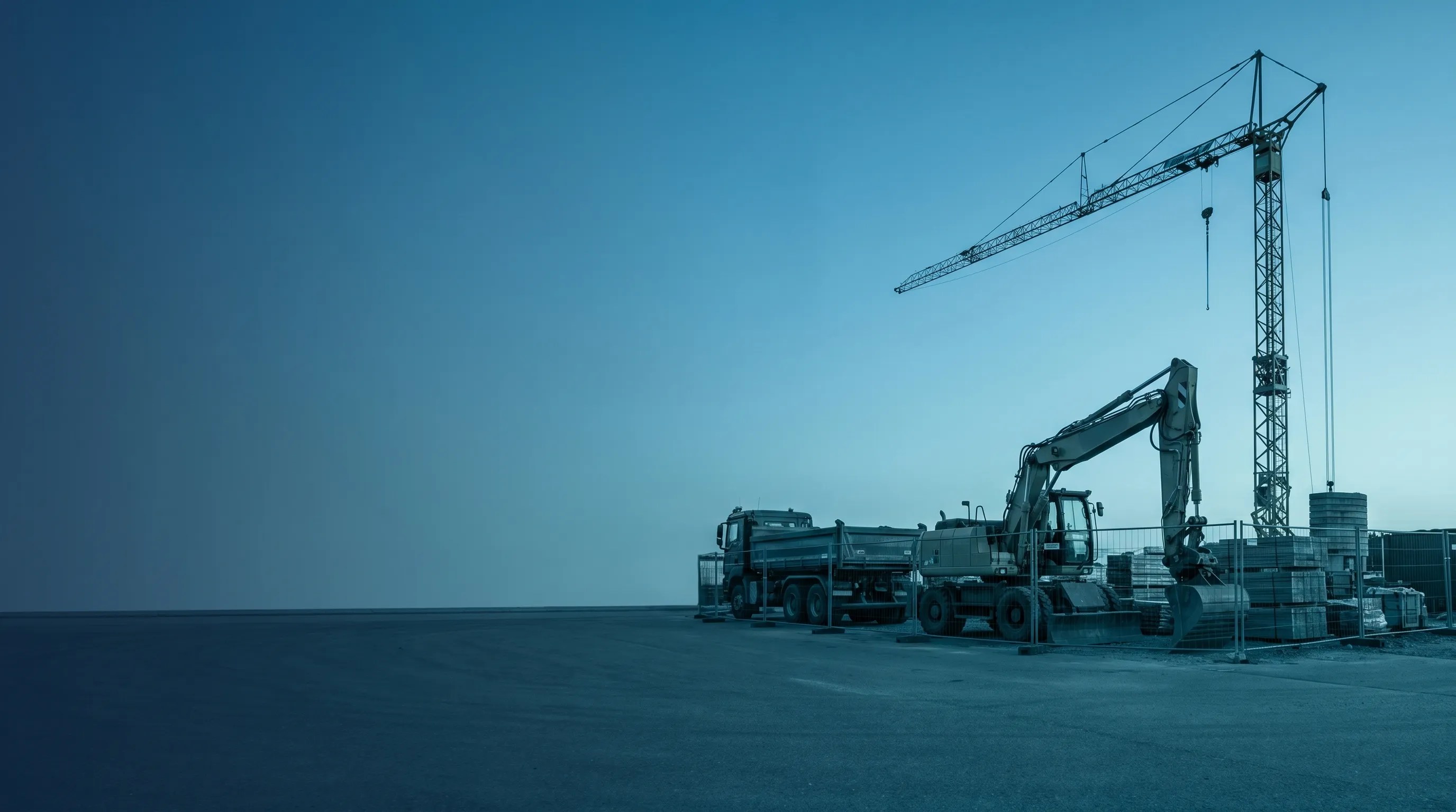 Deutsche Baustelle in der blauen Stunde mit MAN-Kipper, Bagger und Bauleitung in Warnschutzkleidung