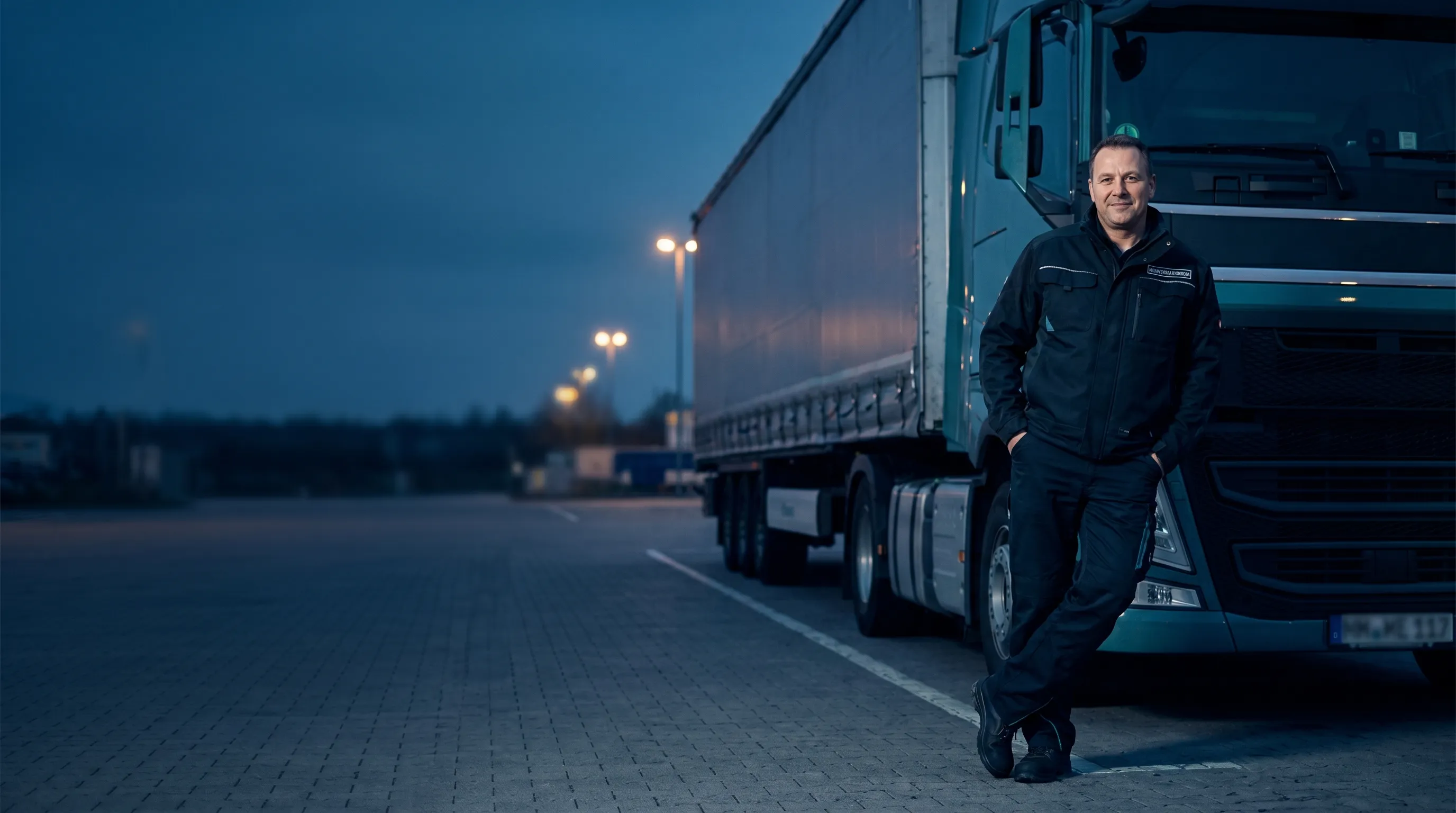 Berufskraftfahrer steigt in der blauen Stunde am deutschen Logistik-Hof in einen Sattelzug; Disponent mit Tablet im Hintergrund