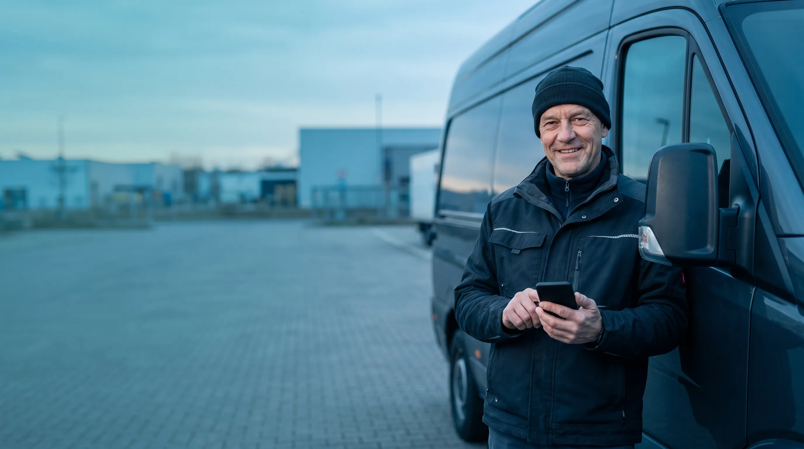 Berufskraftfahrer prüft im Morgenlicht eine Tour auf der Ctrack Fahrer-App vor einem deutschen Sattelzug am Depot