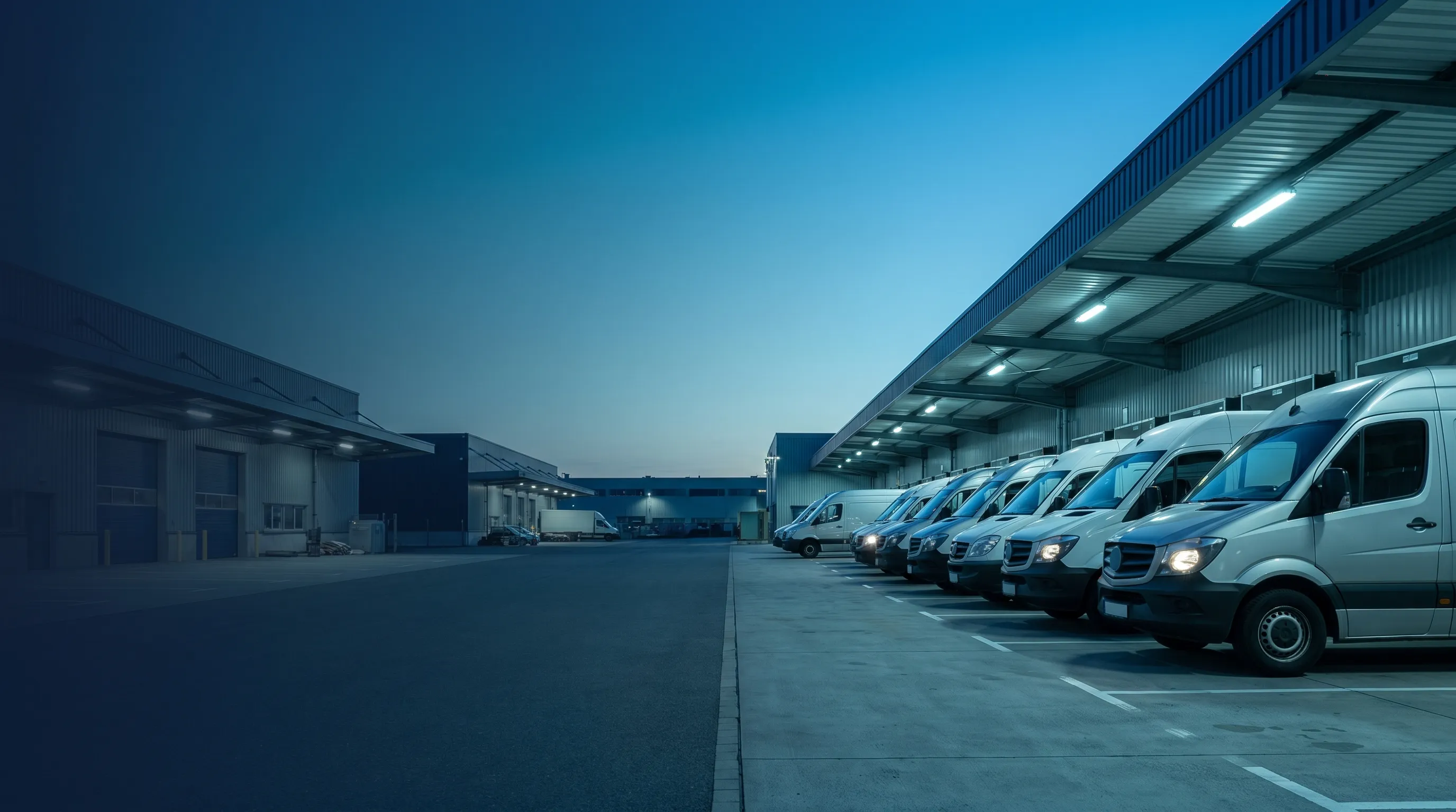 Deutsche Lkw-Flotte auf einer Bundesautobahn in der blauen Stunde, Fahrzeuge mit Auflieger und Ladung, ruhige Bildmitte links für die Schlagzeile