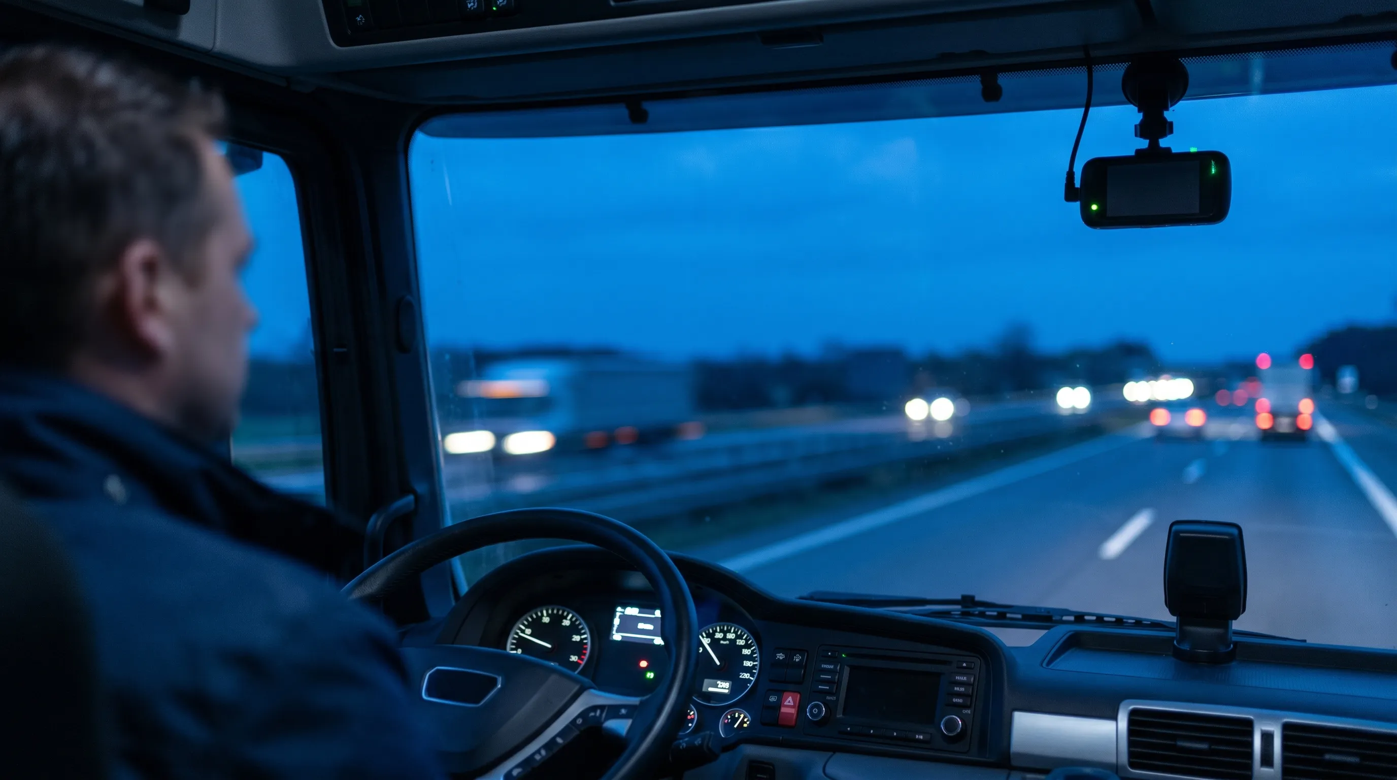 Linkslenker-Lkw-Kabine in Deutschland mit Fahrer und dezenter Dashcam in der blauen Stunde