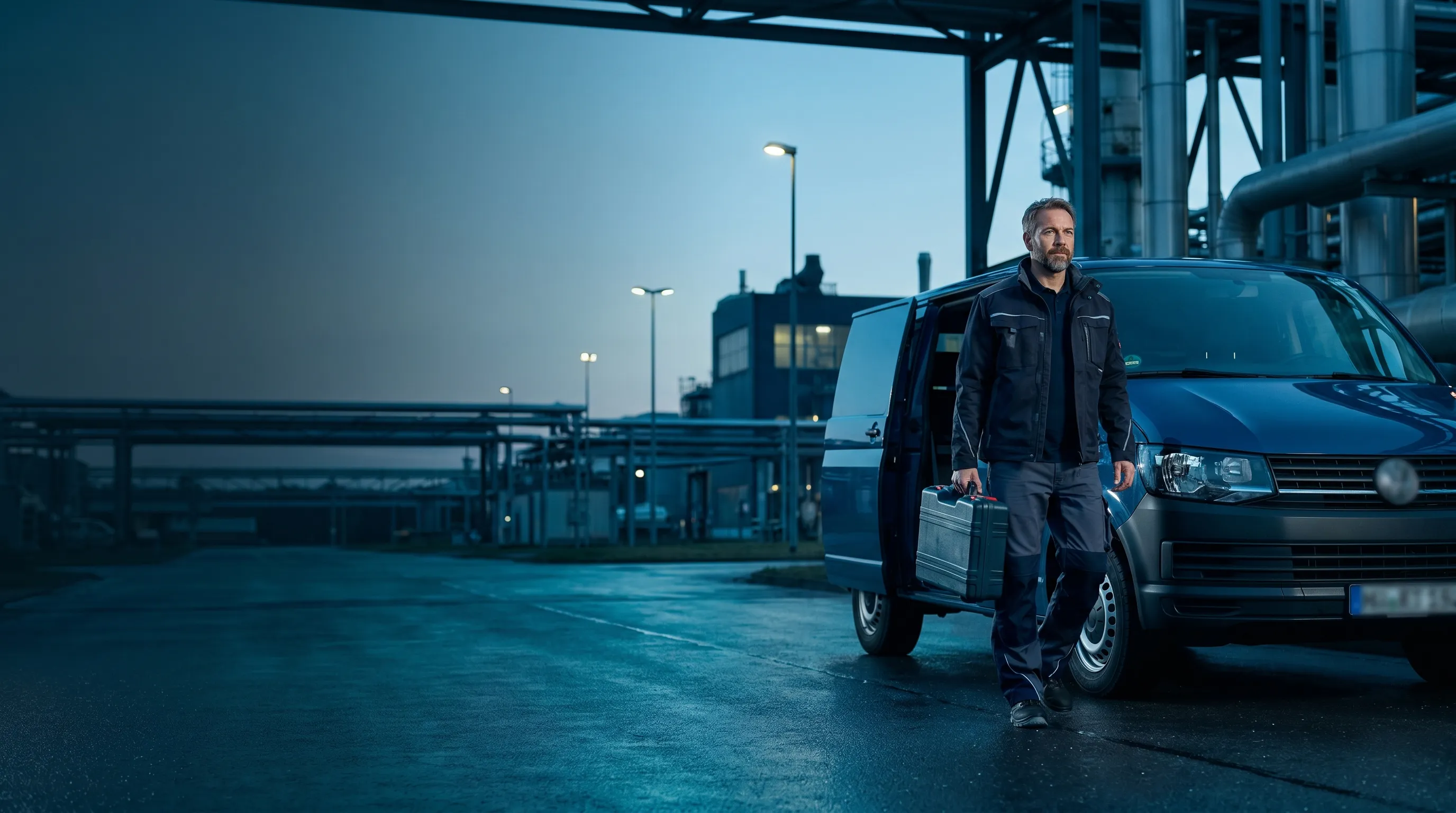 Servicefahrzeug eines deutschen Instandhaltungsbetriebs in der Abenddämmerung an einem Industriestandort, Subjekt rechts, Himmel klar